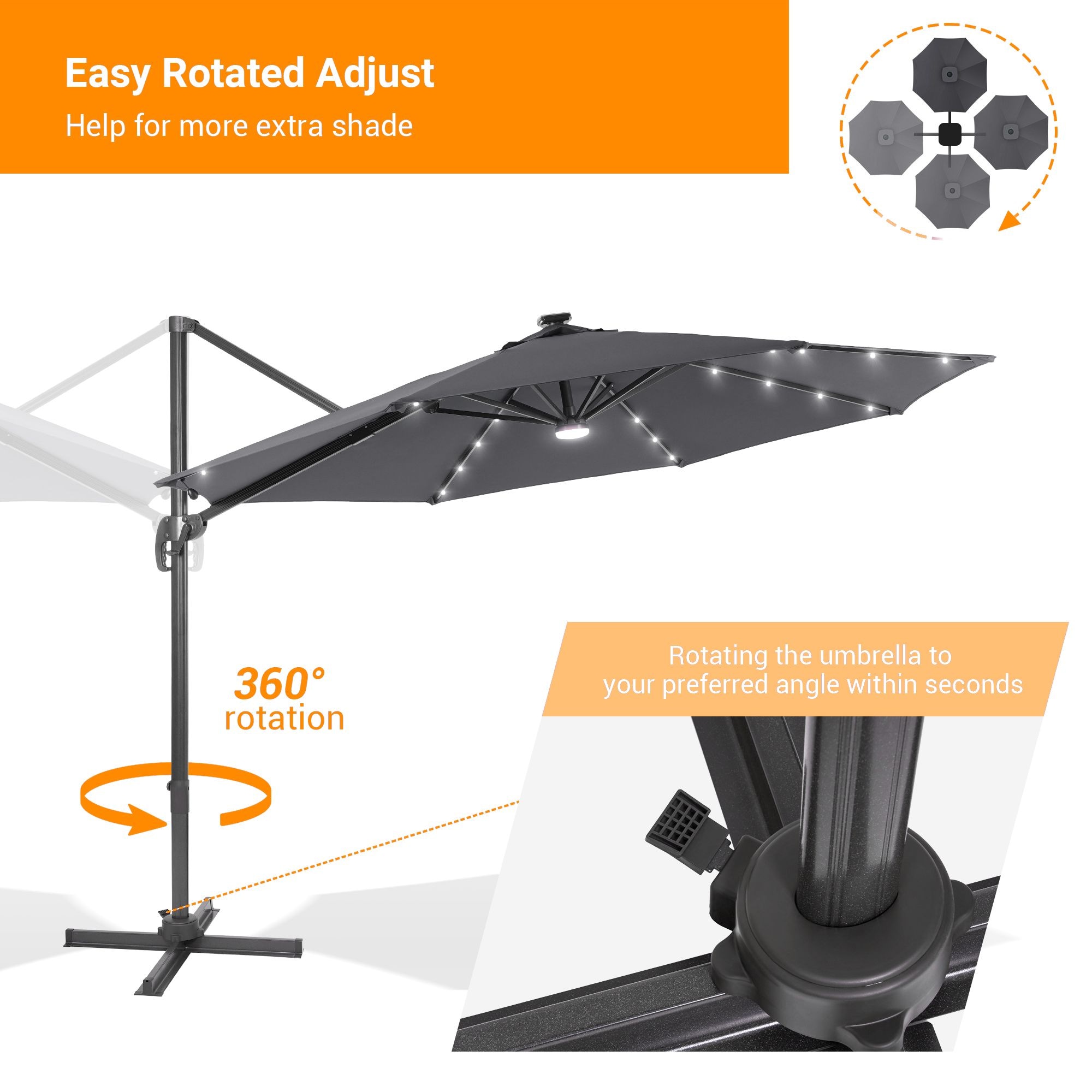 Sonkuki 10-ft Aluminum Gray No-tilt Cantilever Patio Umbrella with ...