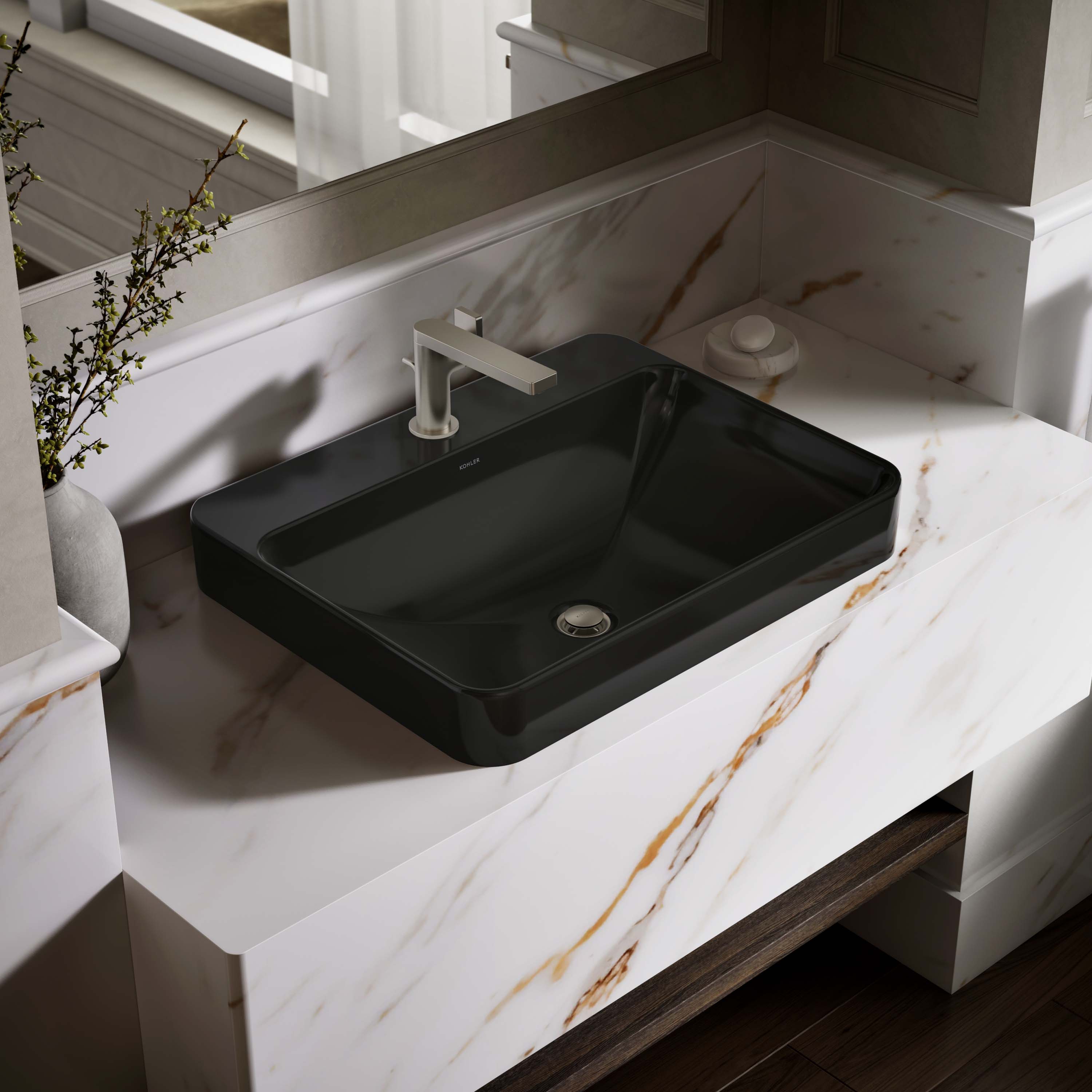 KOHLER 2660-1-7 Vox Rectangle Vitreous China 18.125-in Vessel Rectangular Black Black Bathroom Sink
