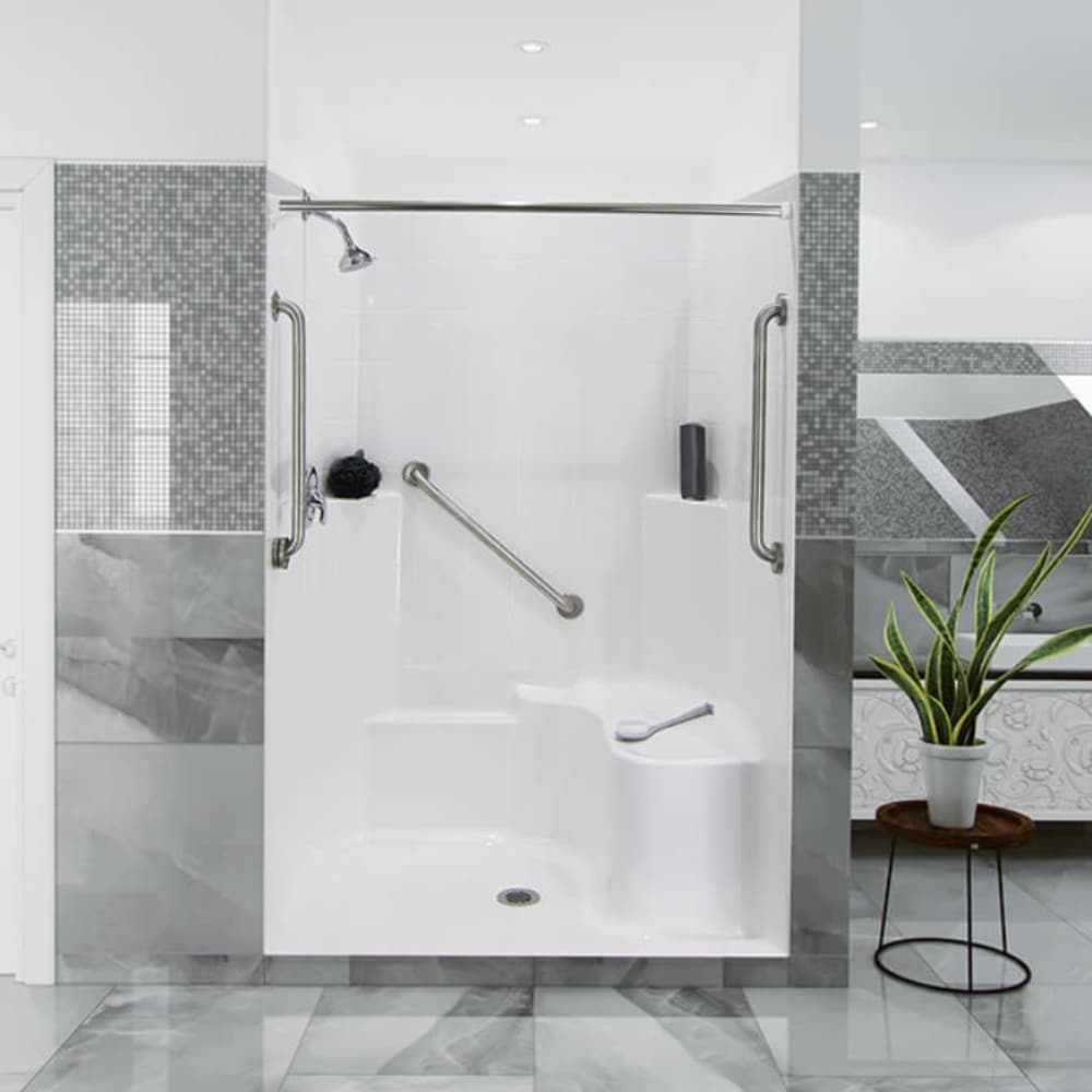 Laurel Mountain LM3648SH1SR064 Saltillo 36-in W x 48-in L x 80-in H Rectangular One-piece shower kit ( Center Drain) with Integrated Seat Base and Wall Included and Drain Included Brushed stainless steel Hardware Included