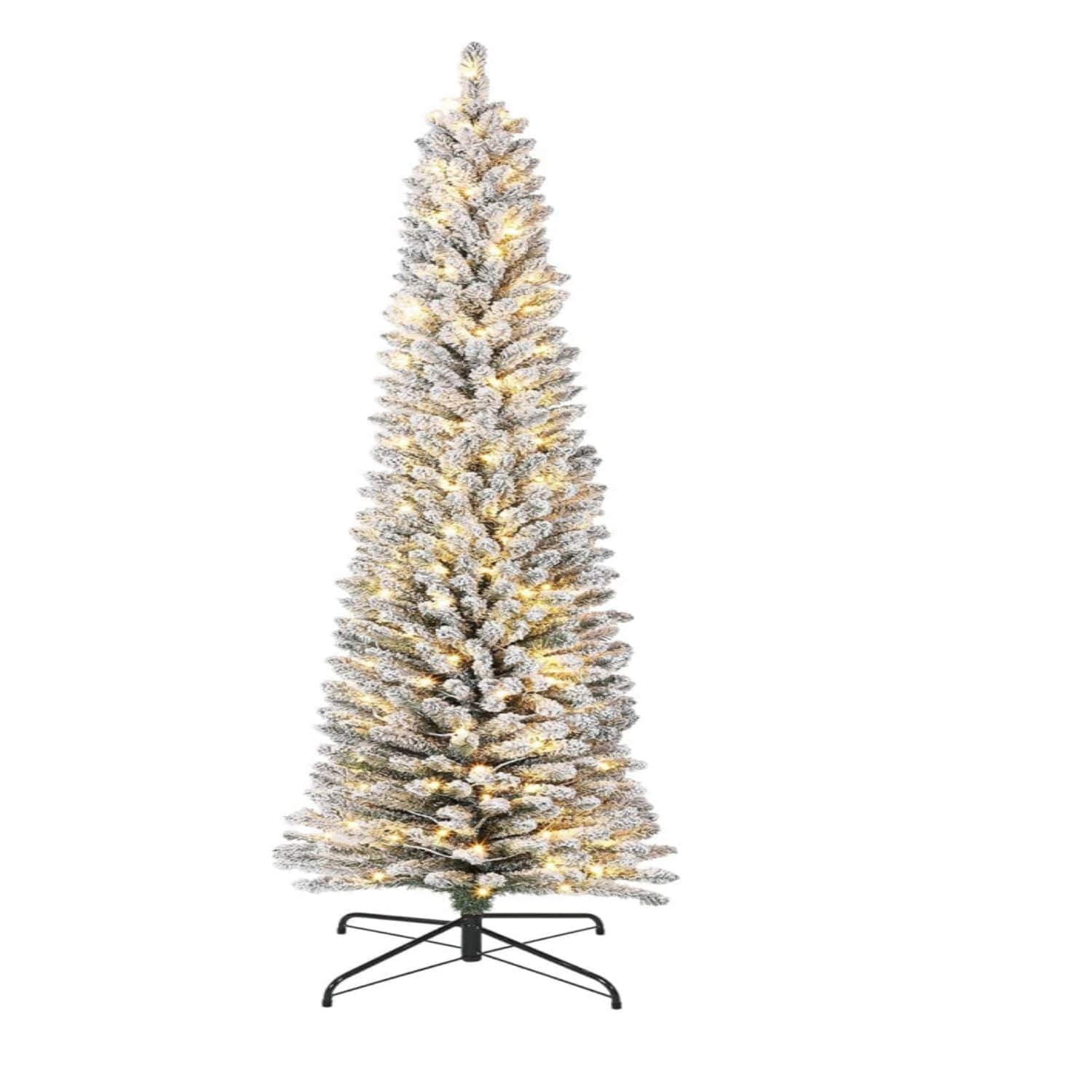 Qeetex HQSYTLYF1050 6FT Pre-Lit Snow Flocked Artificial Christmas Tree with 250 Warm White LED Lights Slim Pencil Tree