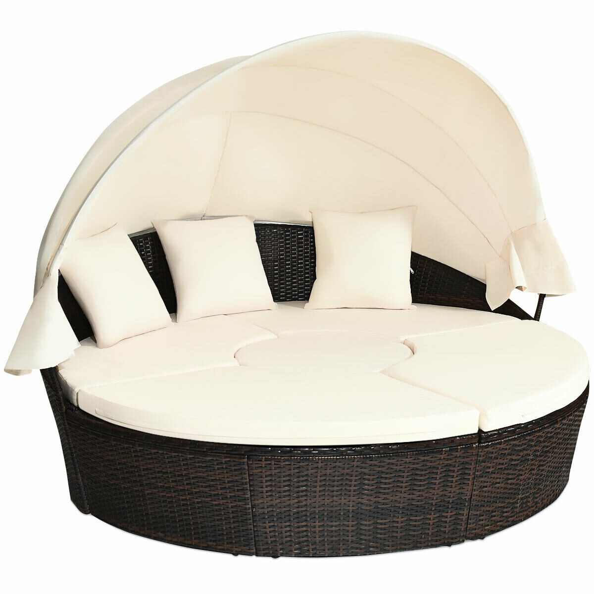LIVIZA OUG68674BWH-X Rattan Outdoor Daybed with Off-white Cushions and Steel Frame