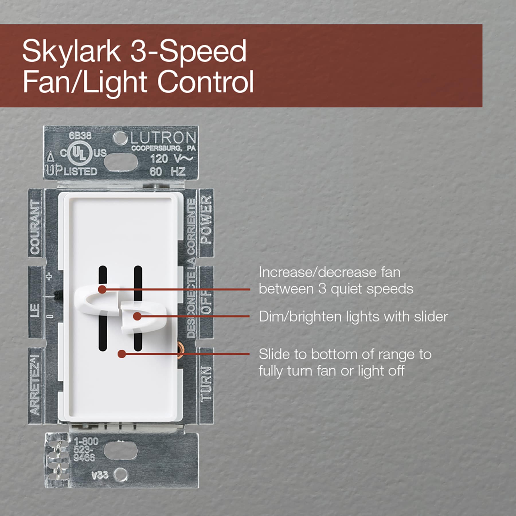 Lutron Skylark Incandescent 1.5-Amp 3-speed Wired Slide Fan Control ...