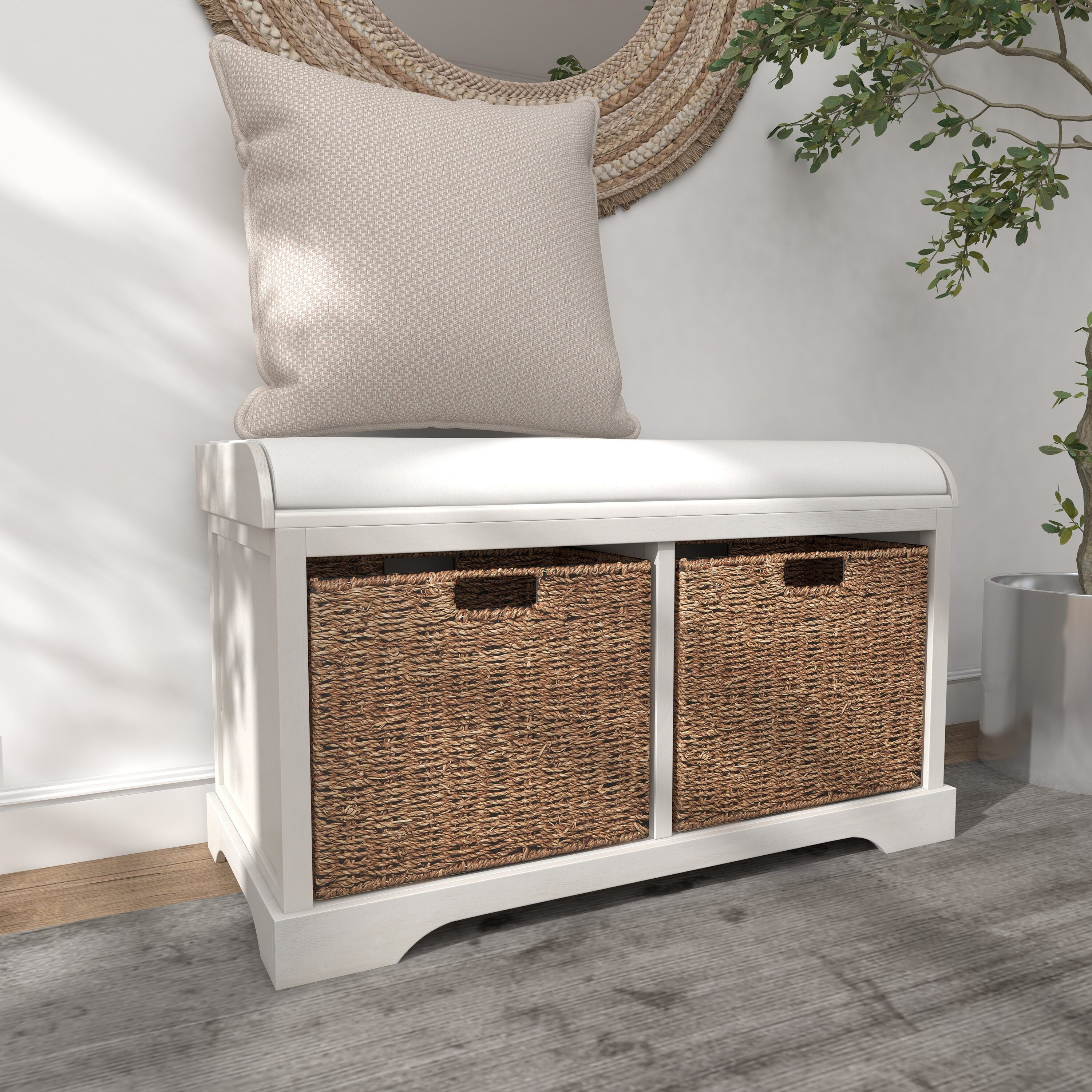 Grayson Lane Country White with 2 Baskets and Cushion Seat Storage ...