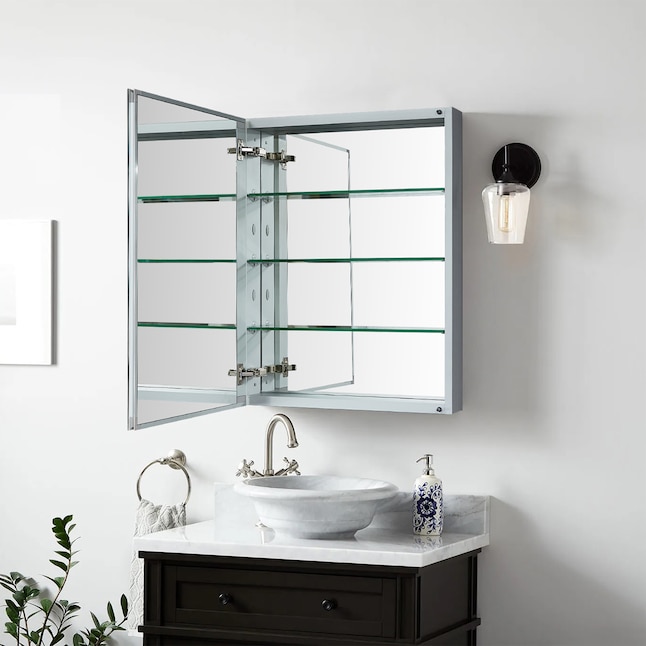 Wellfor Dh Bathroom Medicine Cabinet 23 In X 30 Surface Recessed Mount Satin Aluminum Mirrored Soft Close The Cabinets Department At Lowes Com