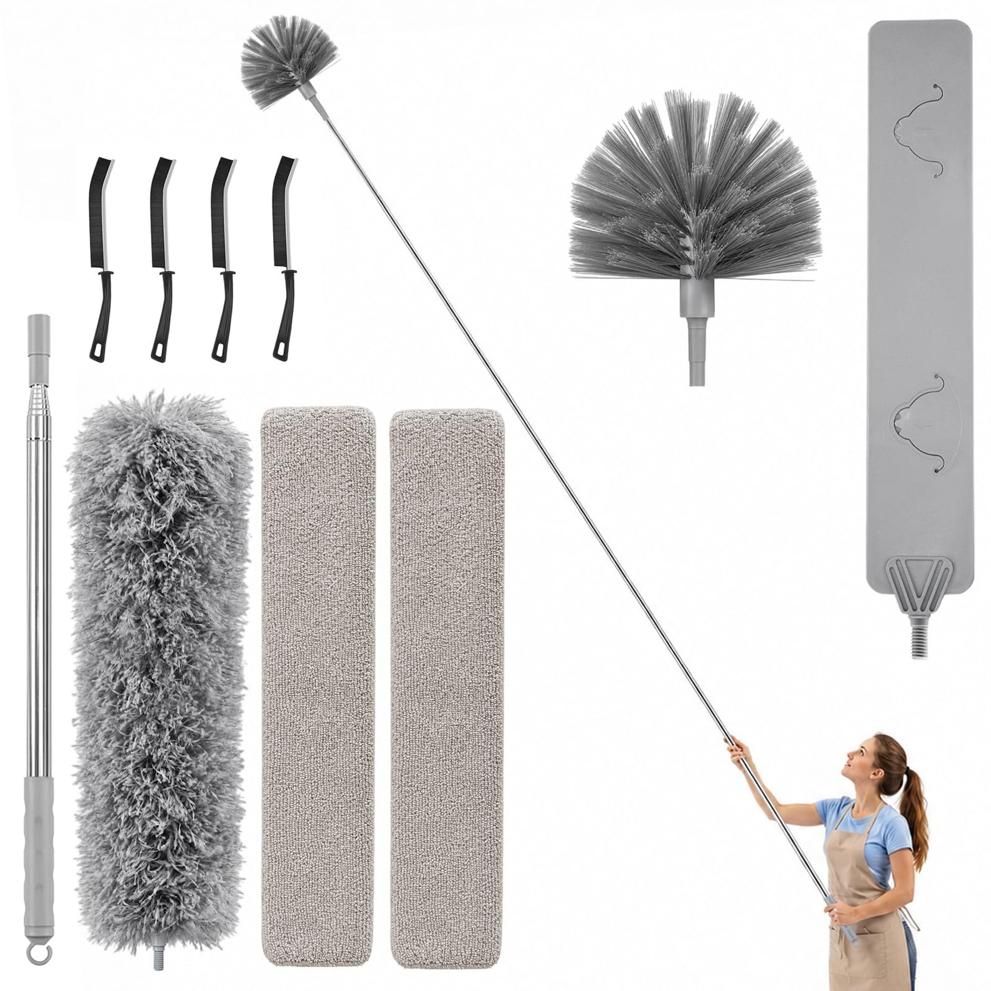 Angel Sar 10 Pcs Duster Kit with Extension Pole Cobweb Duster Spider Web Brush Flat Gap Cleaner for High Ceiling Fans Blinds Walls Furniture Cars Appliances