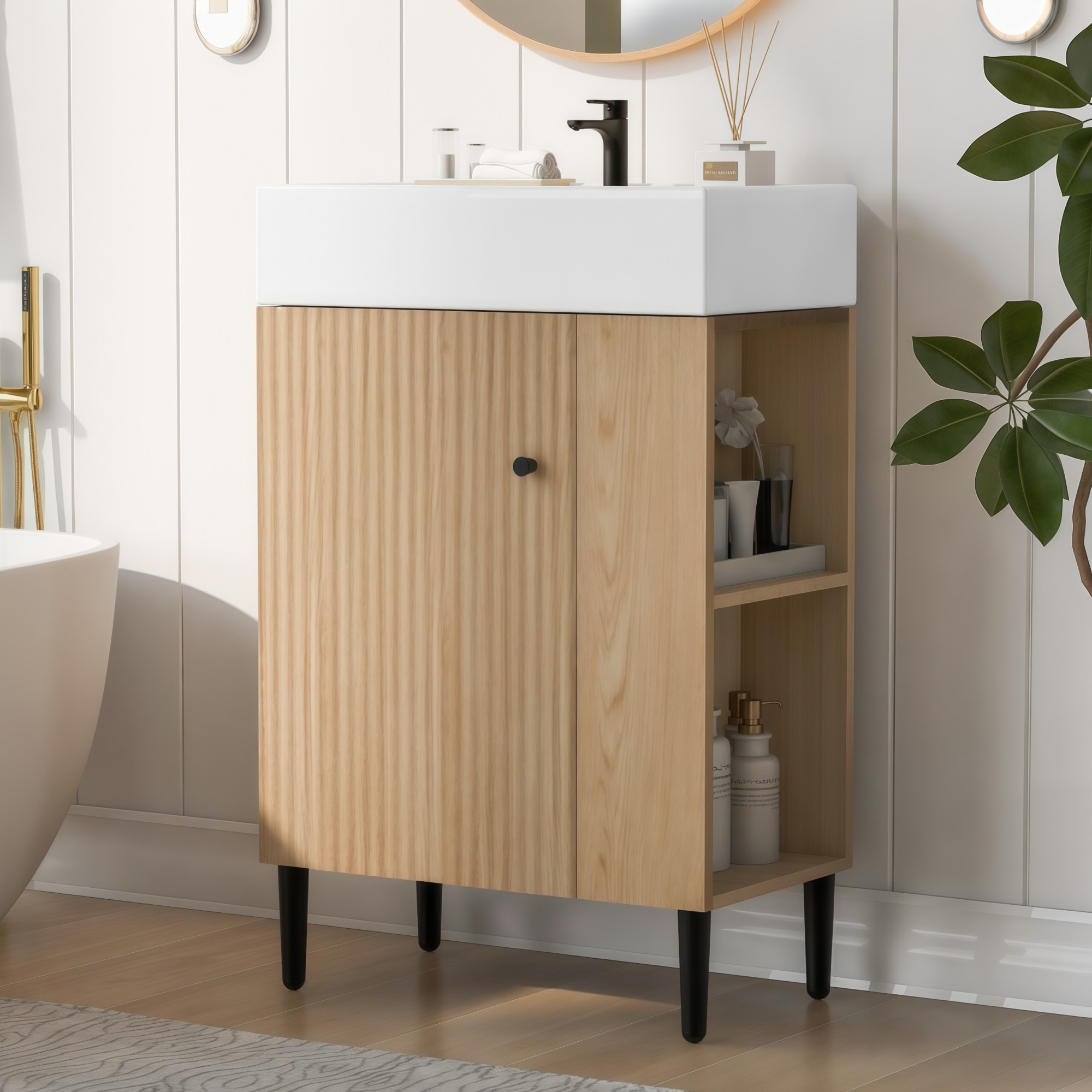 Numhew 21.6in W 1-Shelf Wood Right Side Storage Bathroom Vanity Combo Cabinet Single Ceramic Sink