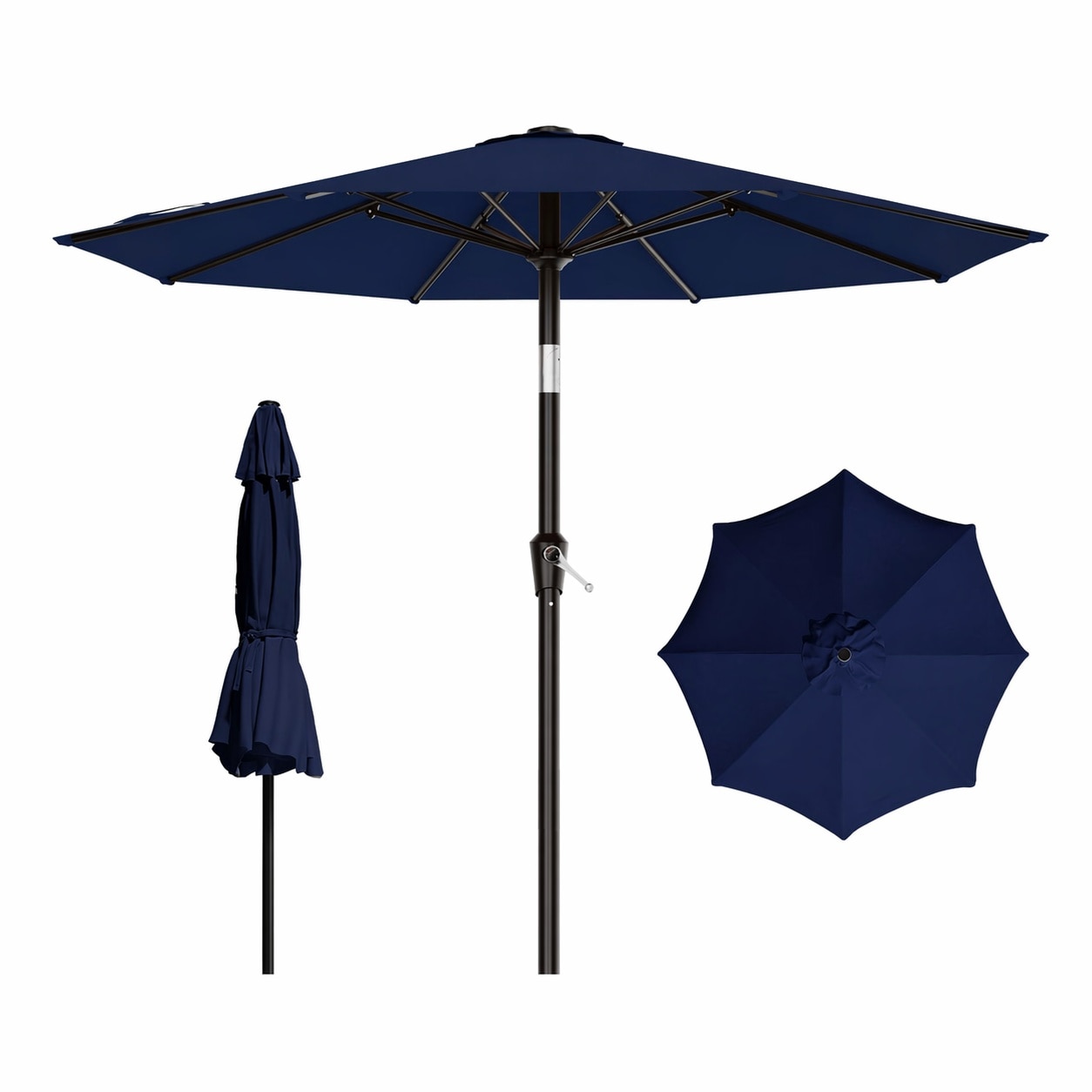 Adrinfly  9 FT Patio Umbrella Outdoor Market Garden Deck Pool Shade Push Button Tilt Crank 8 Sturdy Ribs Water UV Resistant Navy Large Canopy
