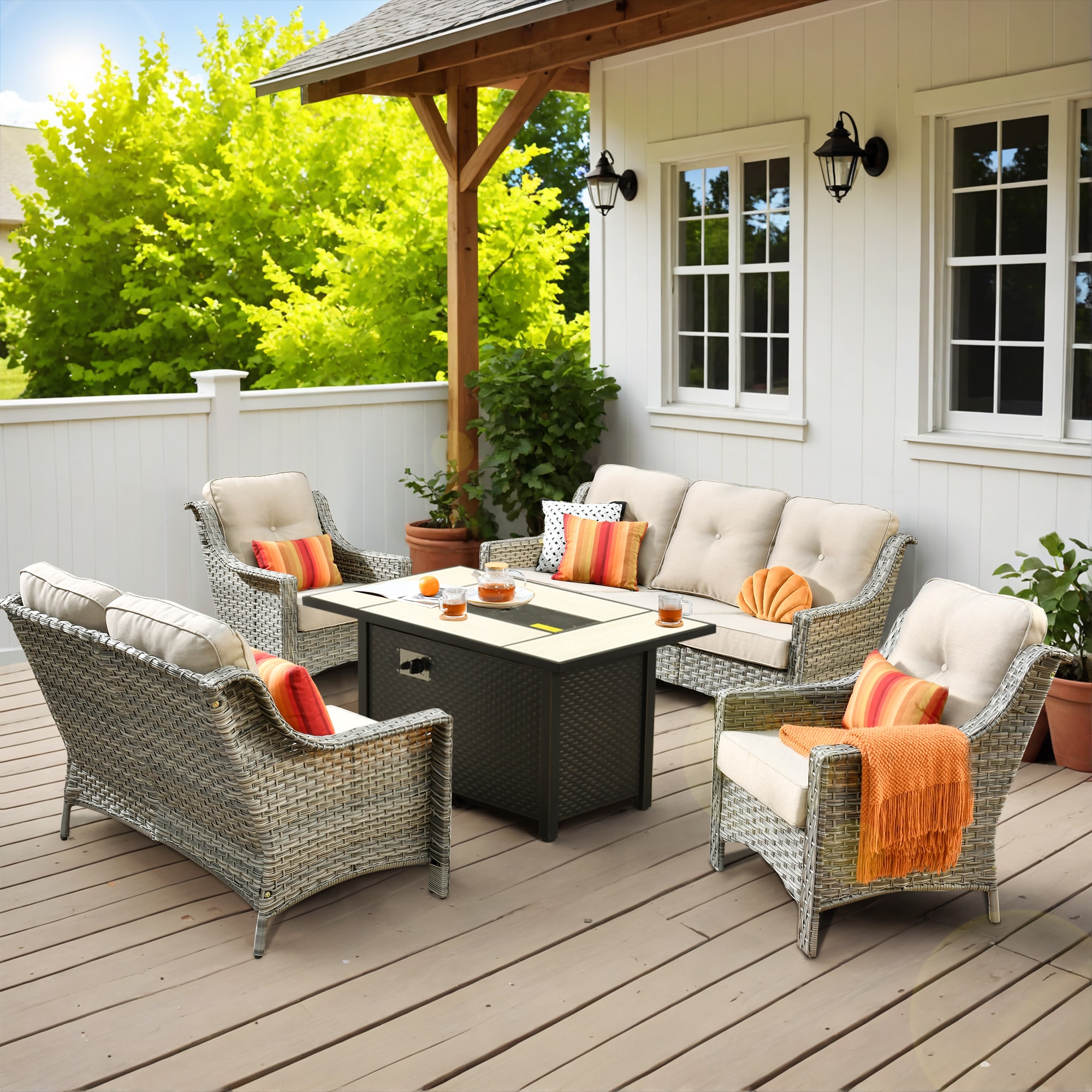 Ovios RFP03PD604 5 -Piece Rattan Patio Sofa Conversation Set with Beige Cushions