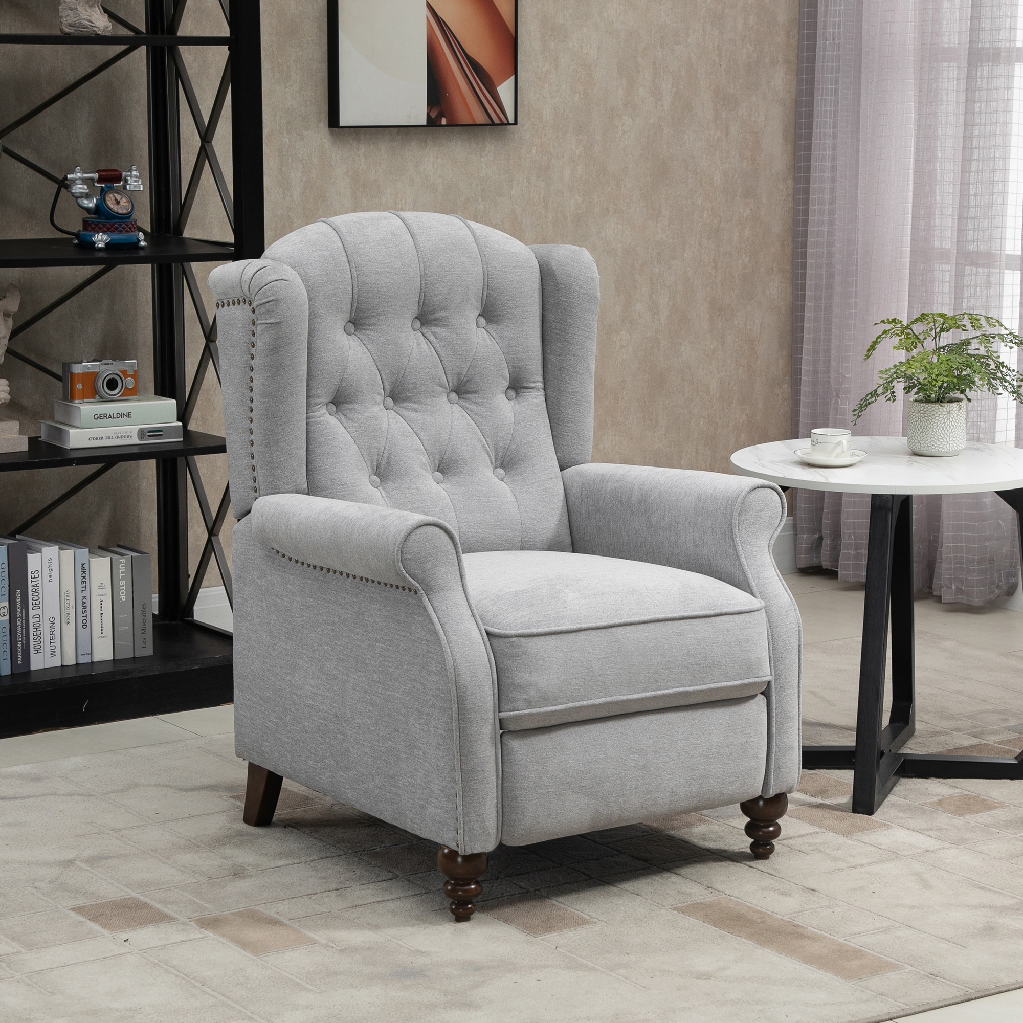 Clihome Push Back Recliner Light Gray Polyester Upholstered Tufted ...