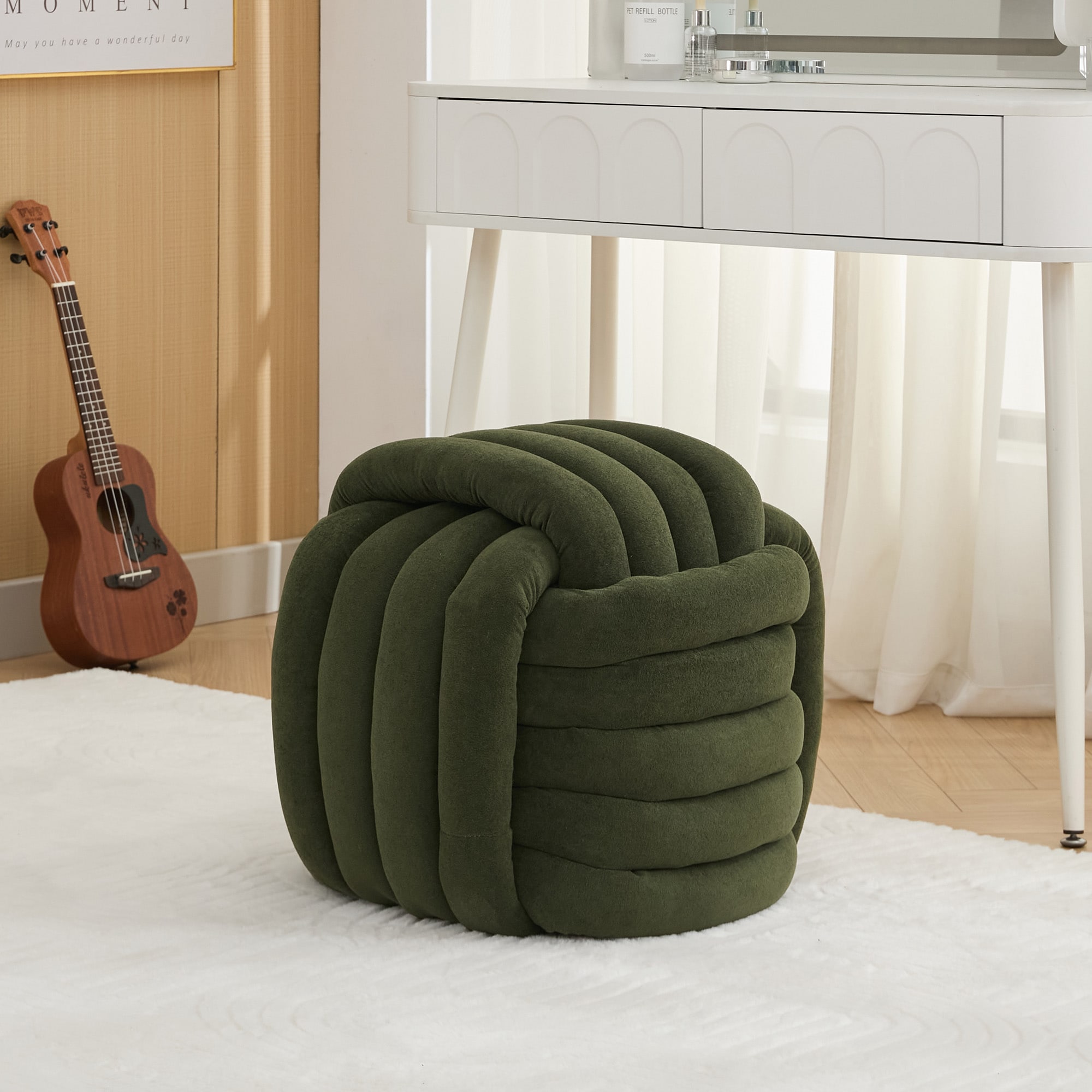 GDFStudio 324592 Modern Knot Design Chenille Fabric Ottoman Makeup Stool-Green