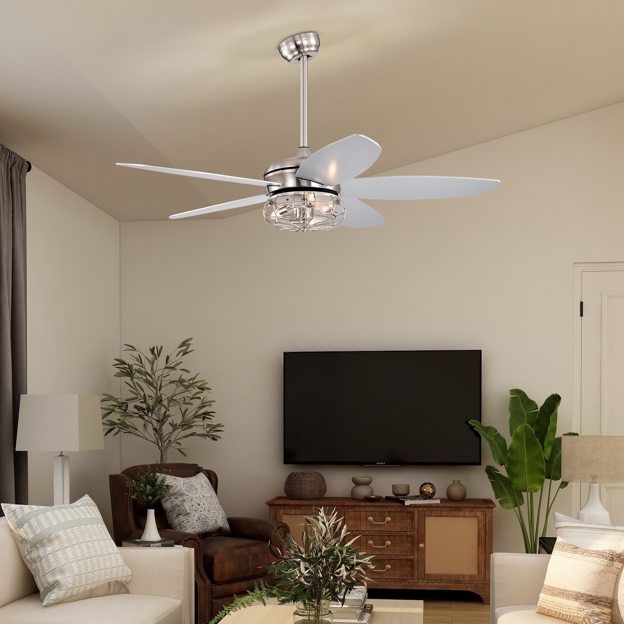 ExBrite 52-in Brushed Nickel Indoor Ceiling Fan with Light and Remote ...