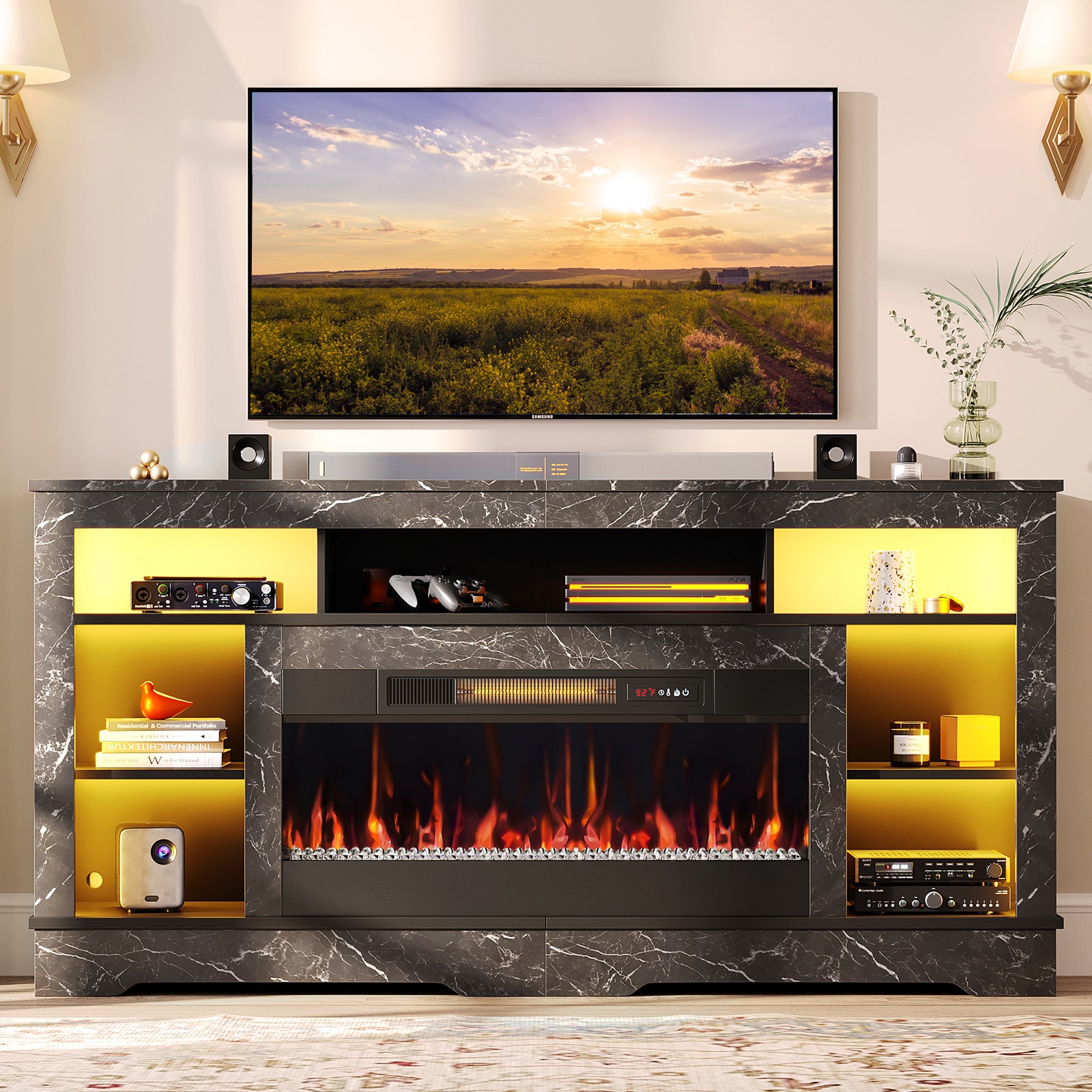 Bestier 71-in W Black Tall TV Stand for TVs Up to 80 inch TV Console with Electric Fireplace and Overheat Protection and Timer and LED Lighting #LOW-L104318FP-BLKM