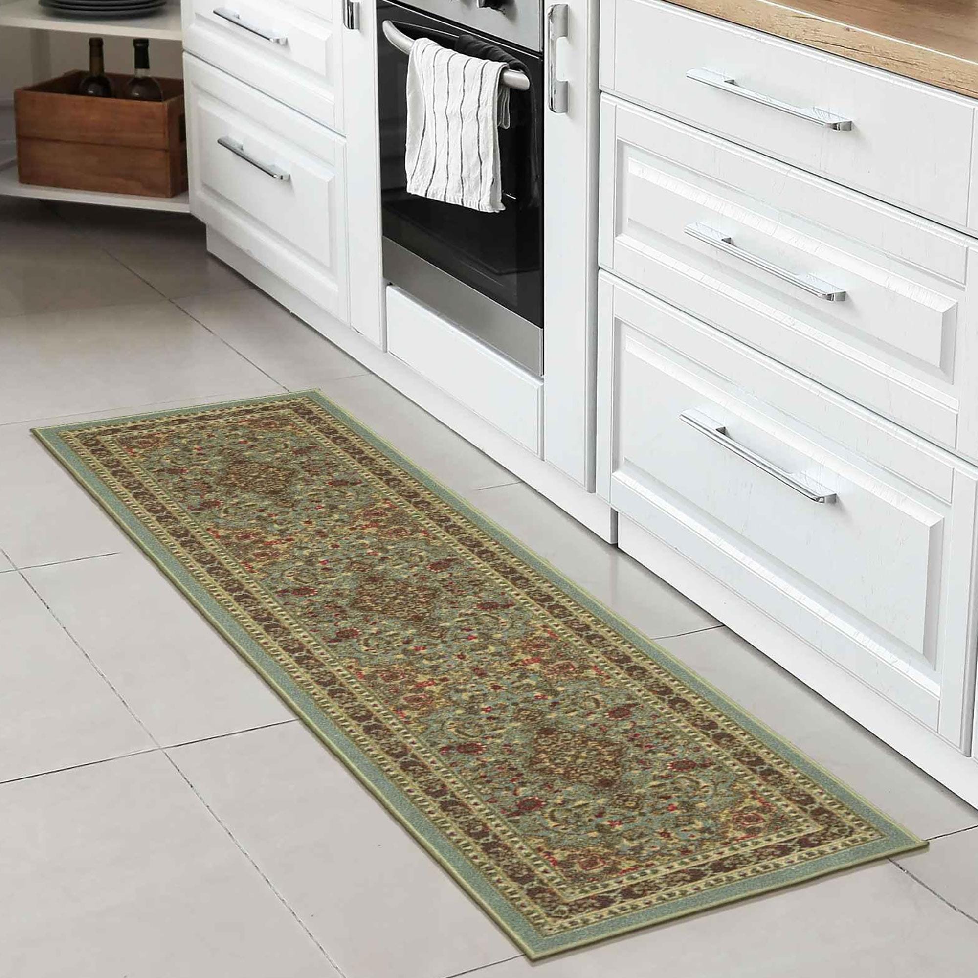 Ottomanson CLS3215-20X59 Non-Slip Bedroom Rug 2 x 5 (ft) Loomed Nylon Dark Seafoam Green Rectangular Indoor Medallion Oriental Runner rug