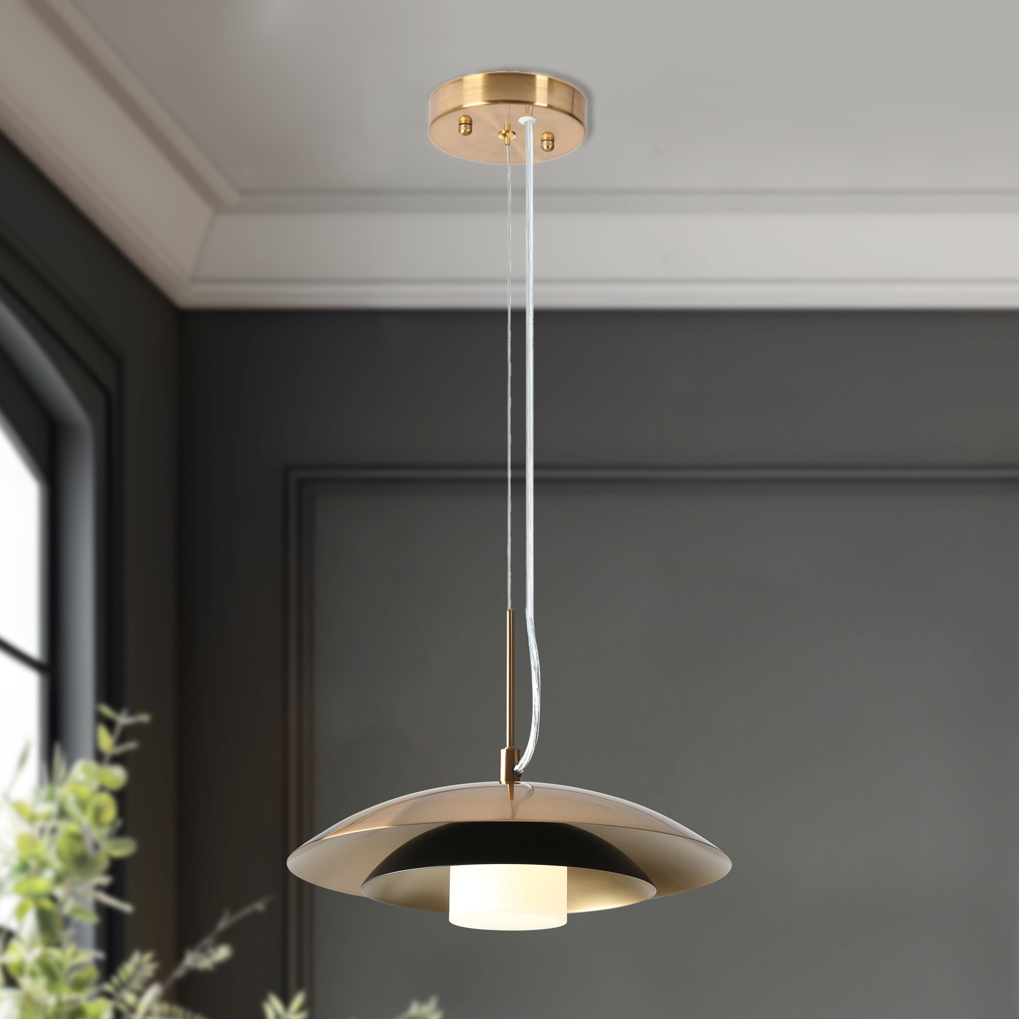 LNC UMYZY3LWS1505328 Meadowgreen 1 -Light Polished Gold and Matte Black with White Acrylic Shade Modern/contemporary Dome Integrated LED Medium Hanging Kitchen island light