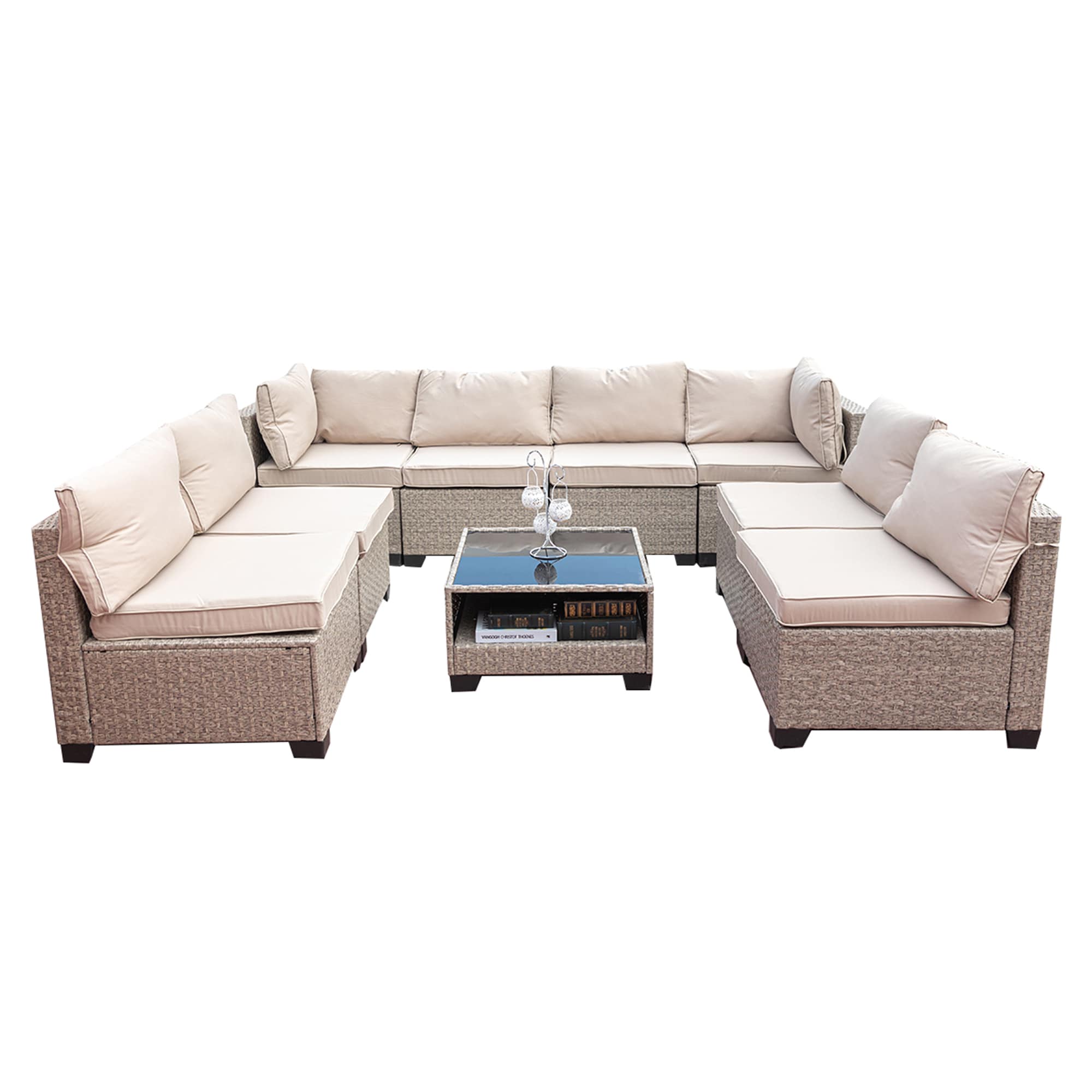 SINOFURN SYA330123BG Wicker Outdoor Sectional with Beige Cushions and Wicker Frame