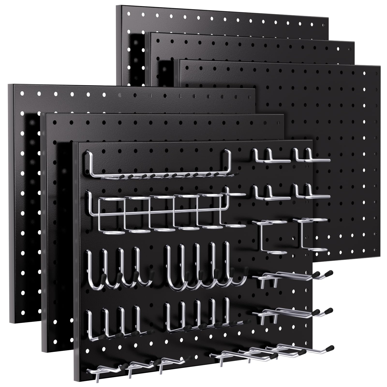 Vrbgify  90pcs Pegboard Wall Organizer Kit Black Metal Peg Board Panels with 84 Hooks and Peg Locks for Garage Tool Storage Workbench Organization
