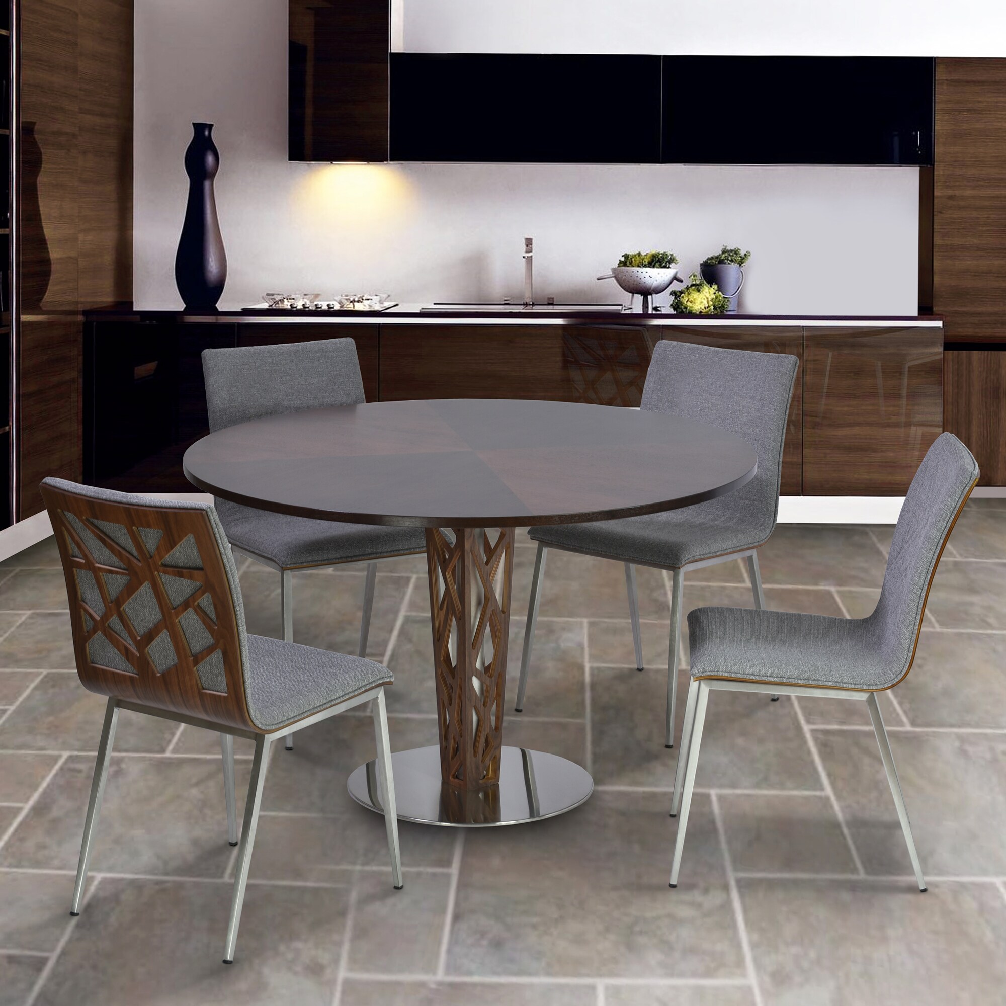 Armen Living Crystal Brushed Stainless Steel Walnut Round Contemporary Modern Dining Table