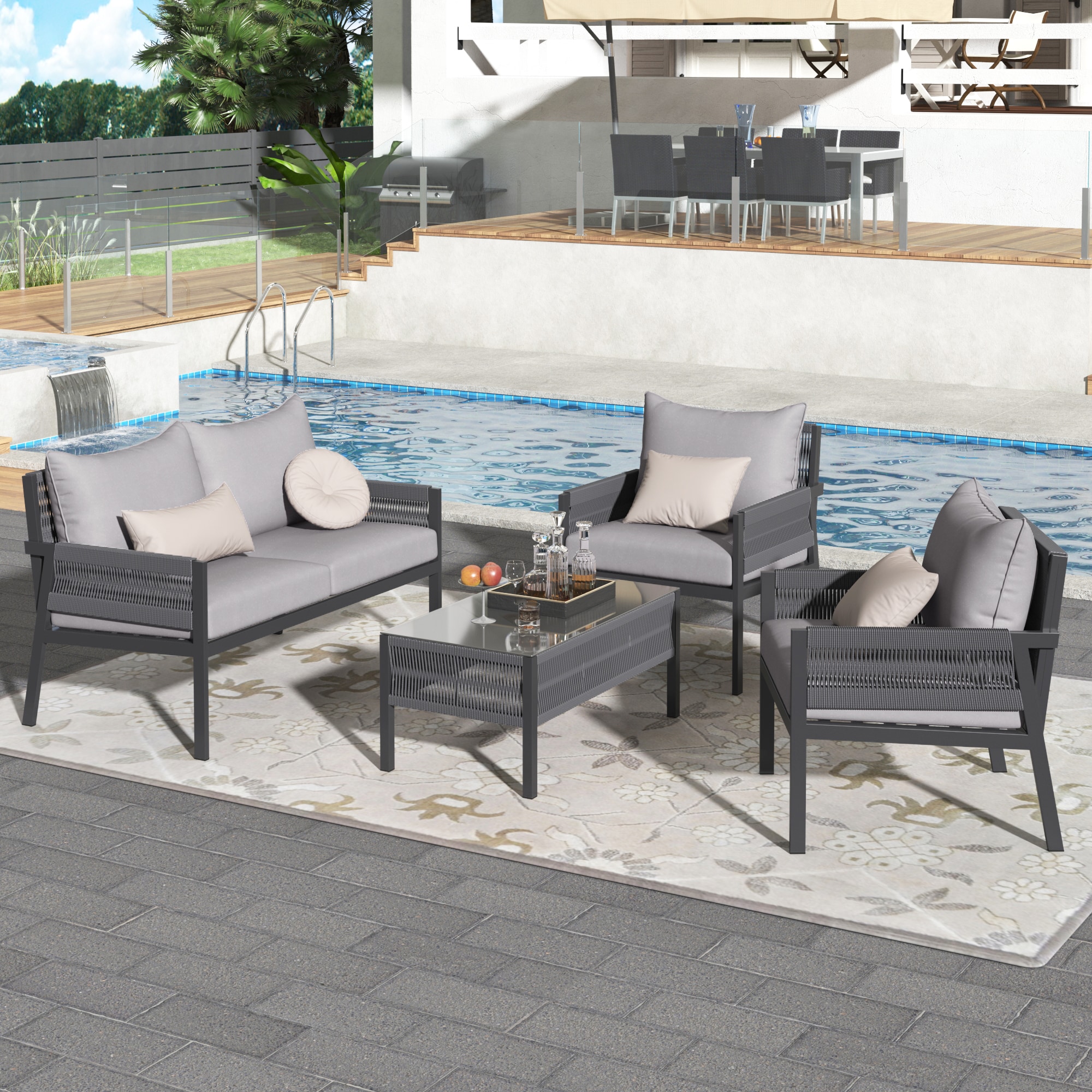 CASAINC 4-Piece Woven Patio Conversation Set with Gray Cushions in the ...