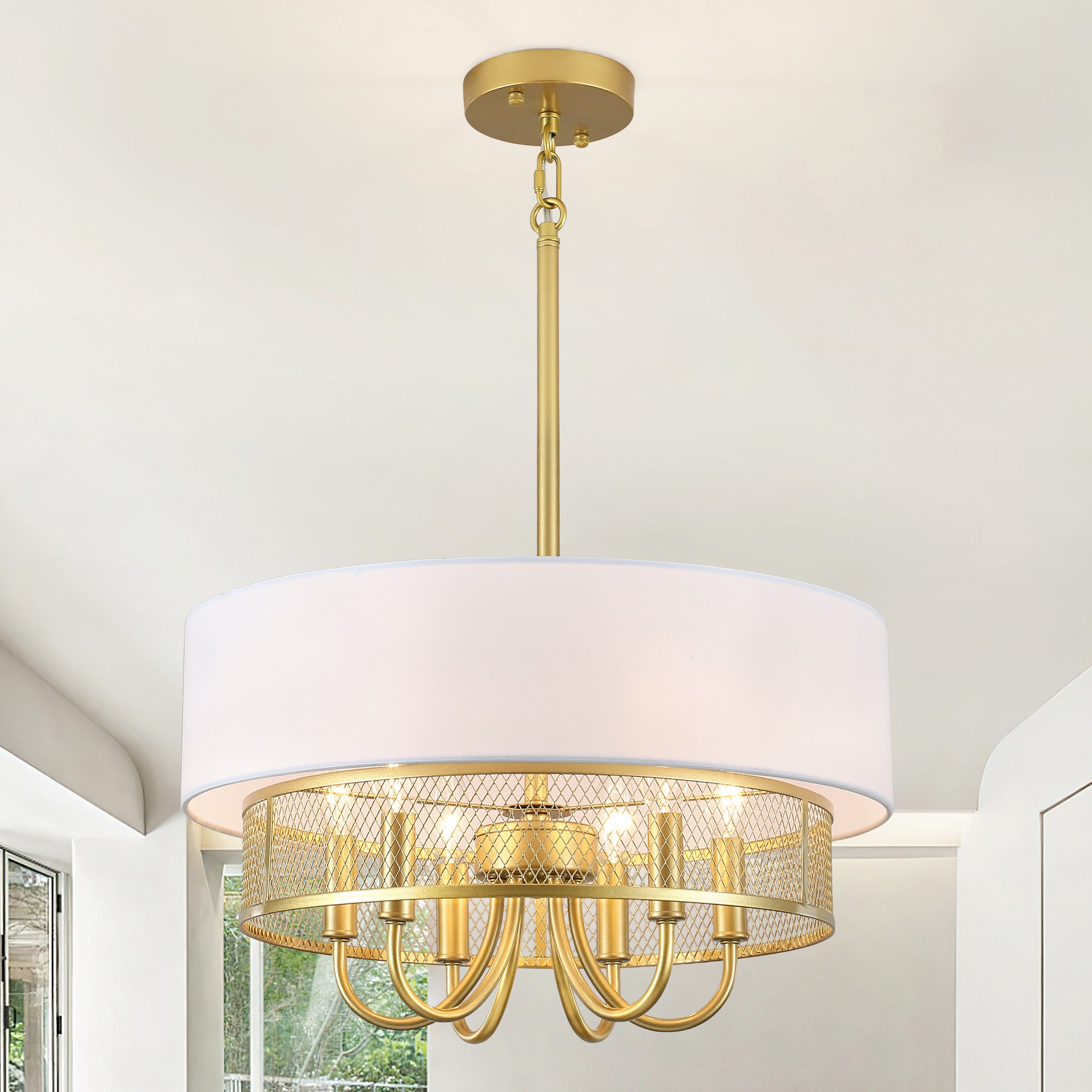 Zjvaive - 18.11-in 6-Light Matte Gold Metal Mesh Drum Fabric Chandelier