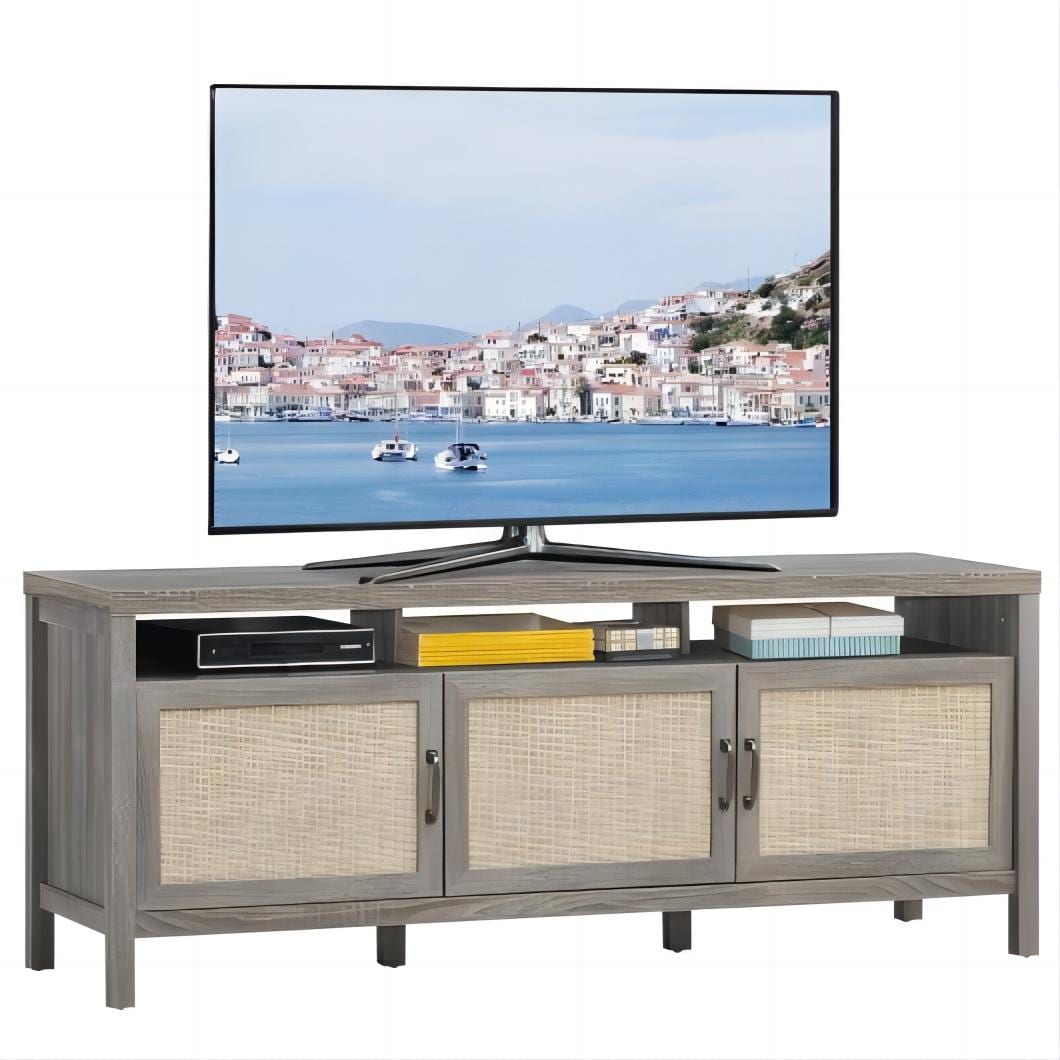 Gray Solid Wood TV Stand with Rattan Cabinet Doors