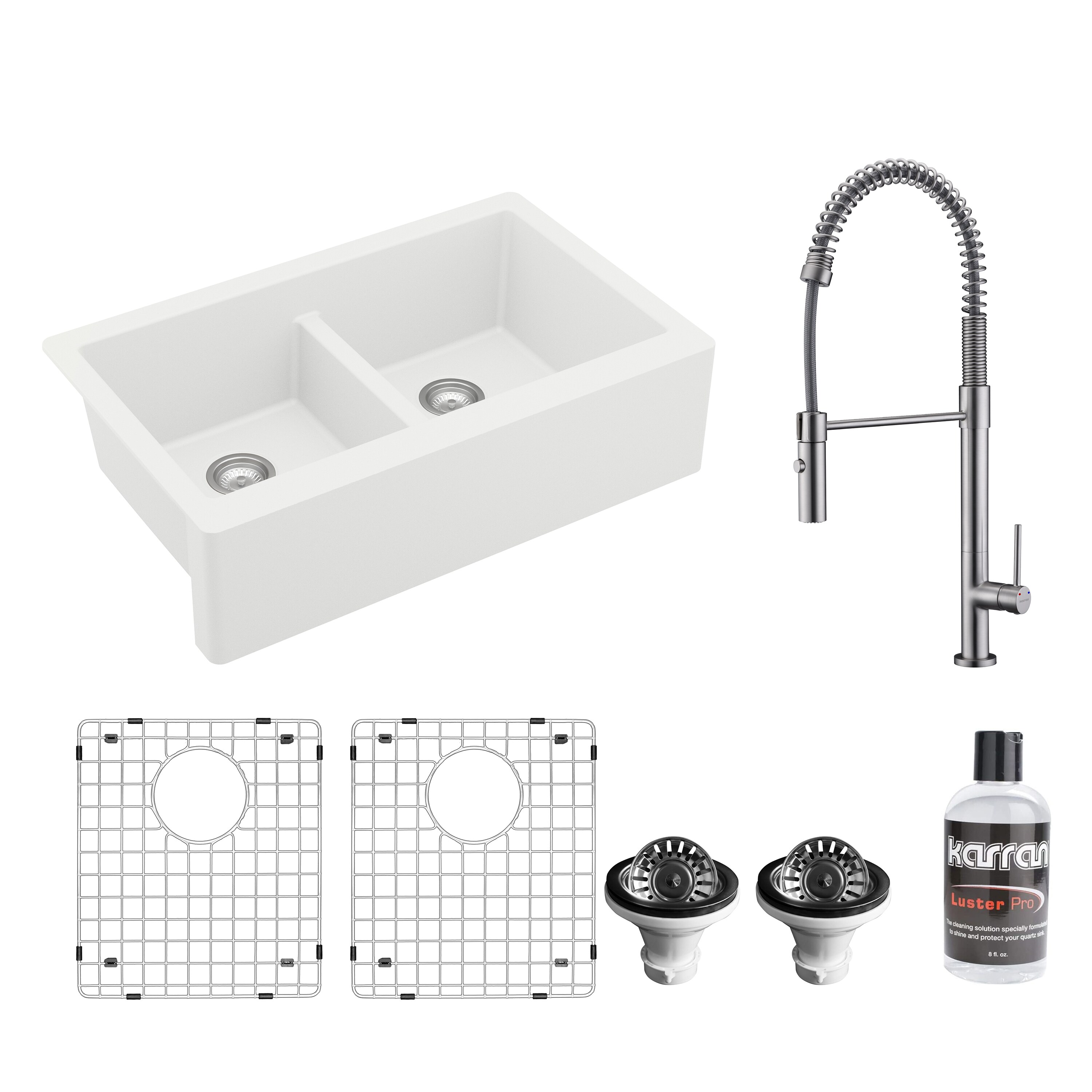 Karran QA750WH220SS Farmhouse apron front 34-in x 21.25-in Quartz Double equal bowl Kitchen Sink All-in-One Kit