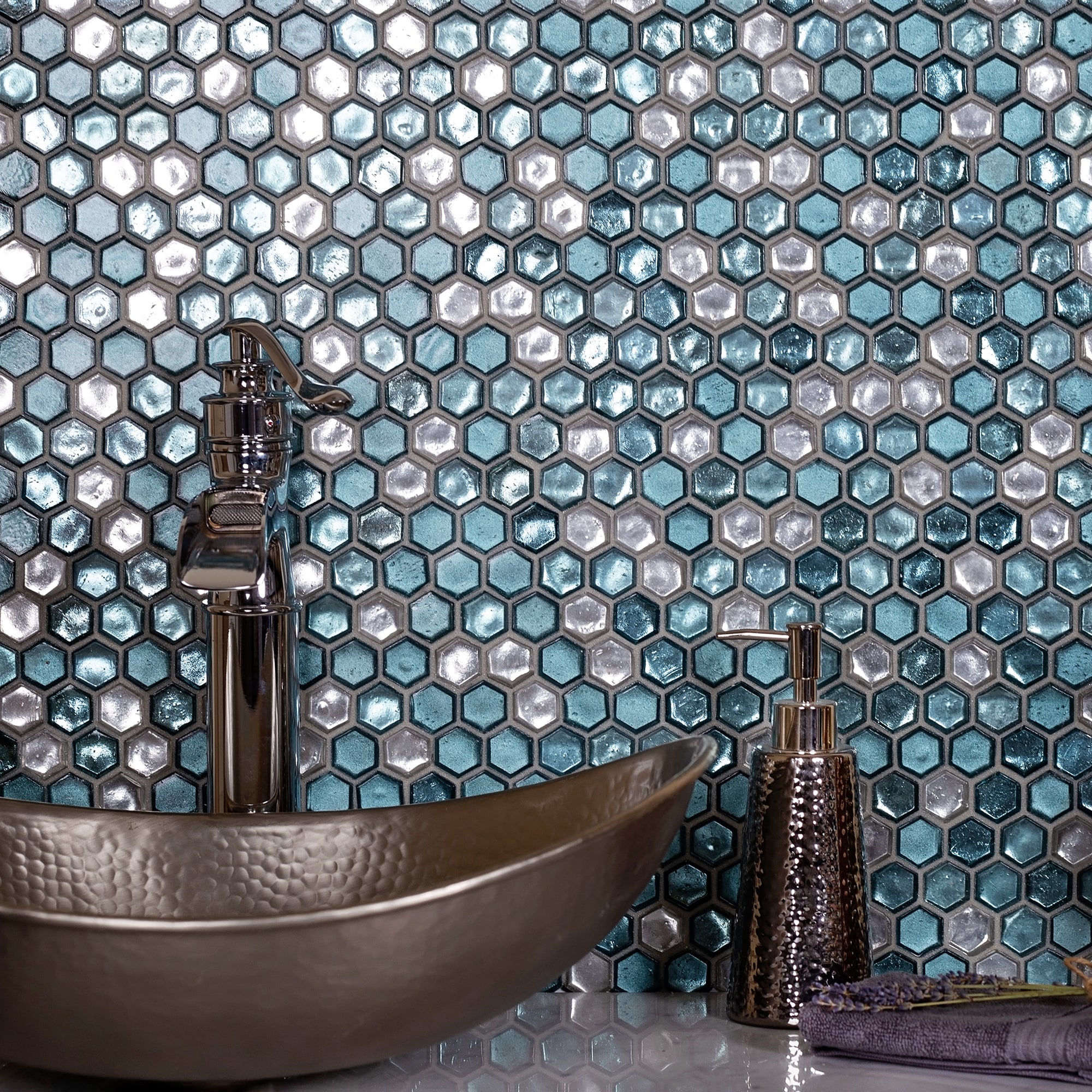 11" x 12" Blue and White Glass Hexagon Mosaic Tile