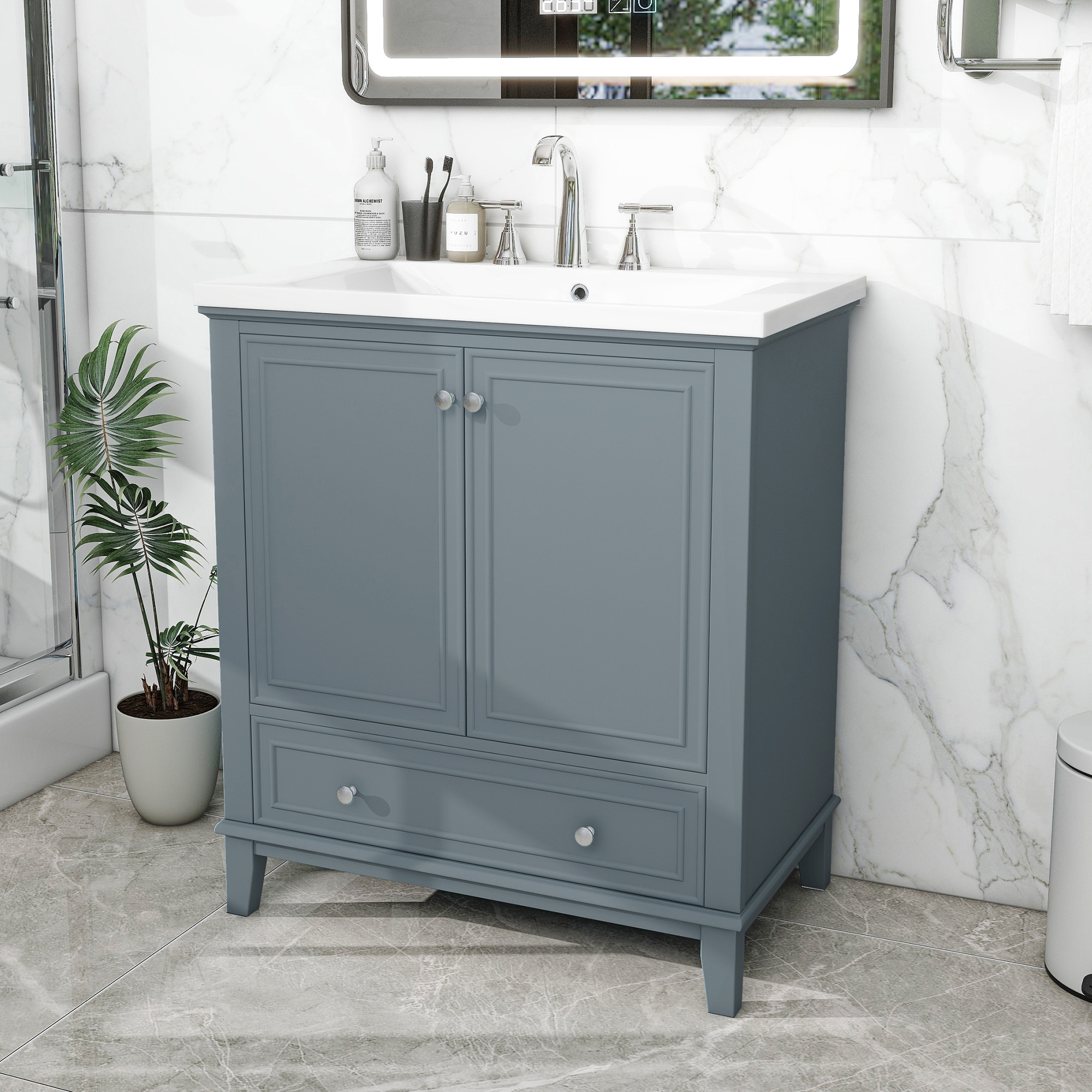 WELLFOR NIE-N7VT05R 30-in Blue Undermount Single sink Bathroom Vanity with White Ceramic Top