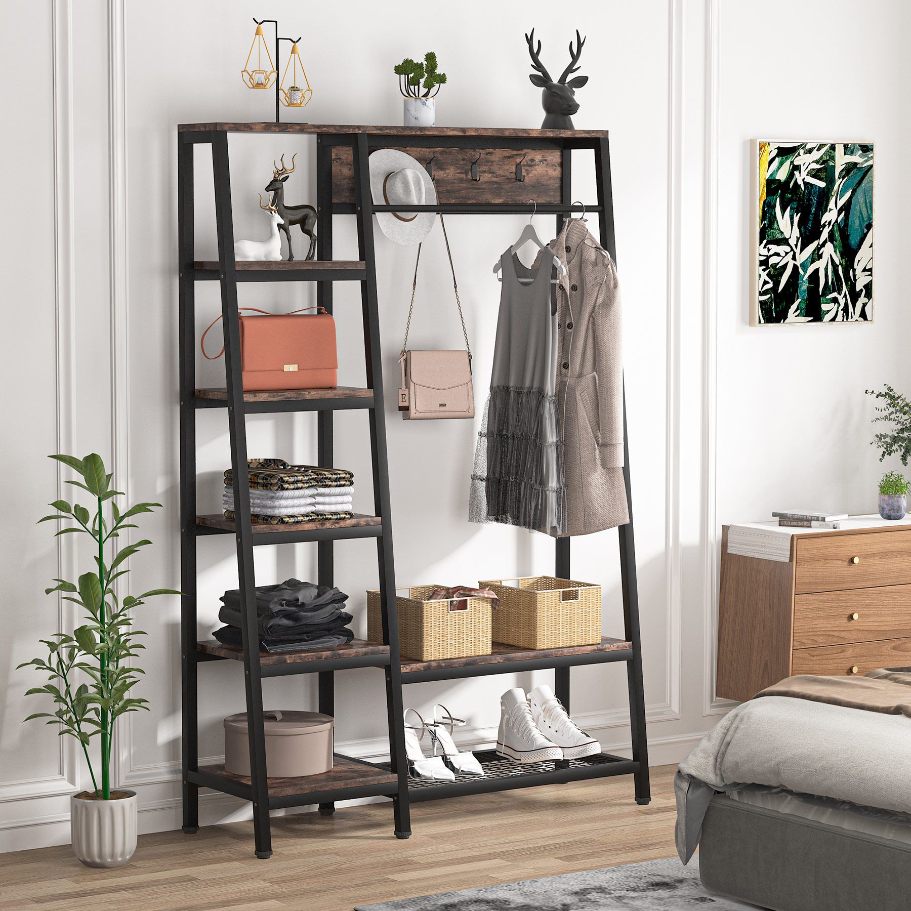 Aheaplus Wood Wardrobe Closet Storage Free Standing Closet Organizer,  Clothes Garment Racks with Storage Shelves and Hanging Rod, Walk In Closet  Organizer with 3 Wood Drawers - Yahoo Shopping