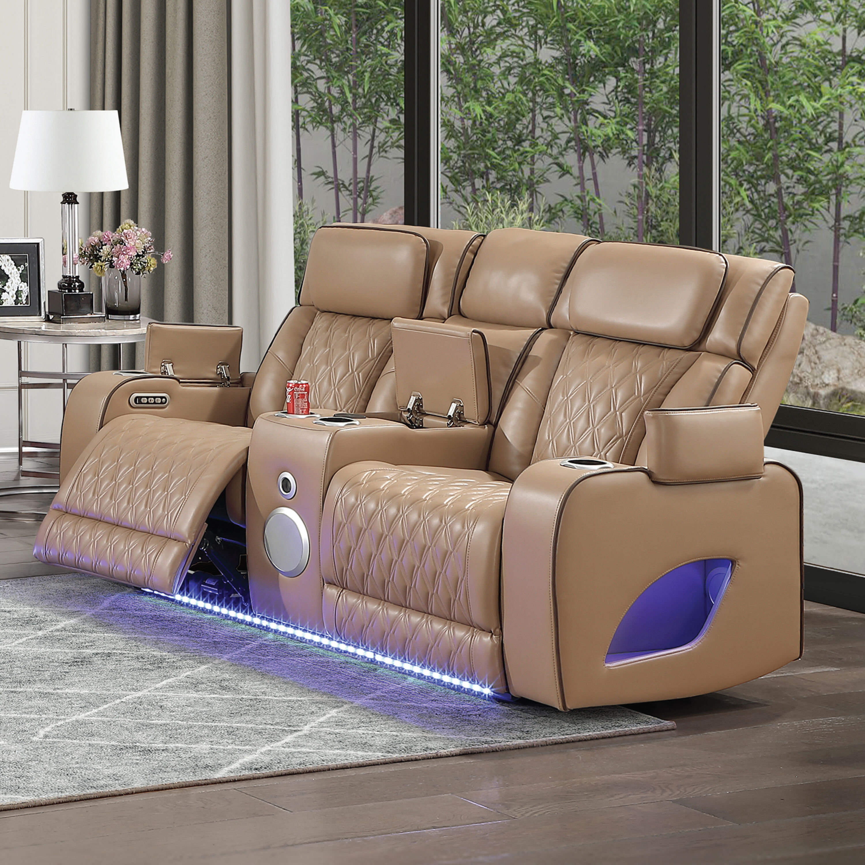 Galaxy Fortuner 76-in W Modern Caramel Faux leather 2-seater Reclining Storage Loveseat