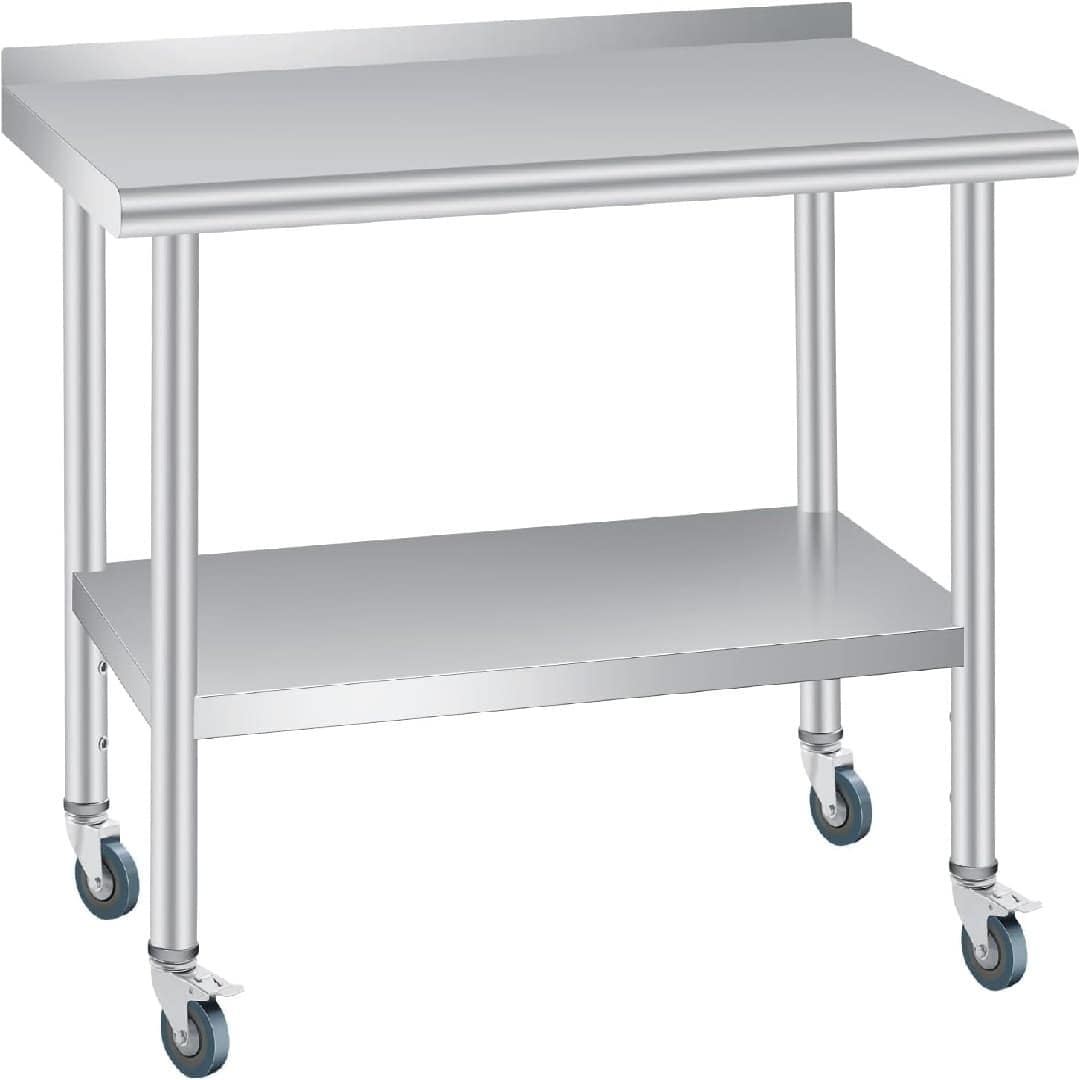 WhizMax KL-PHK-33DSQ5NG Stainless Steel Table Commercial Prep Work Table with Backsplash Adjustable Shelf 4 Caster Wheels for Kitchen Restaurant