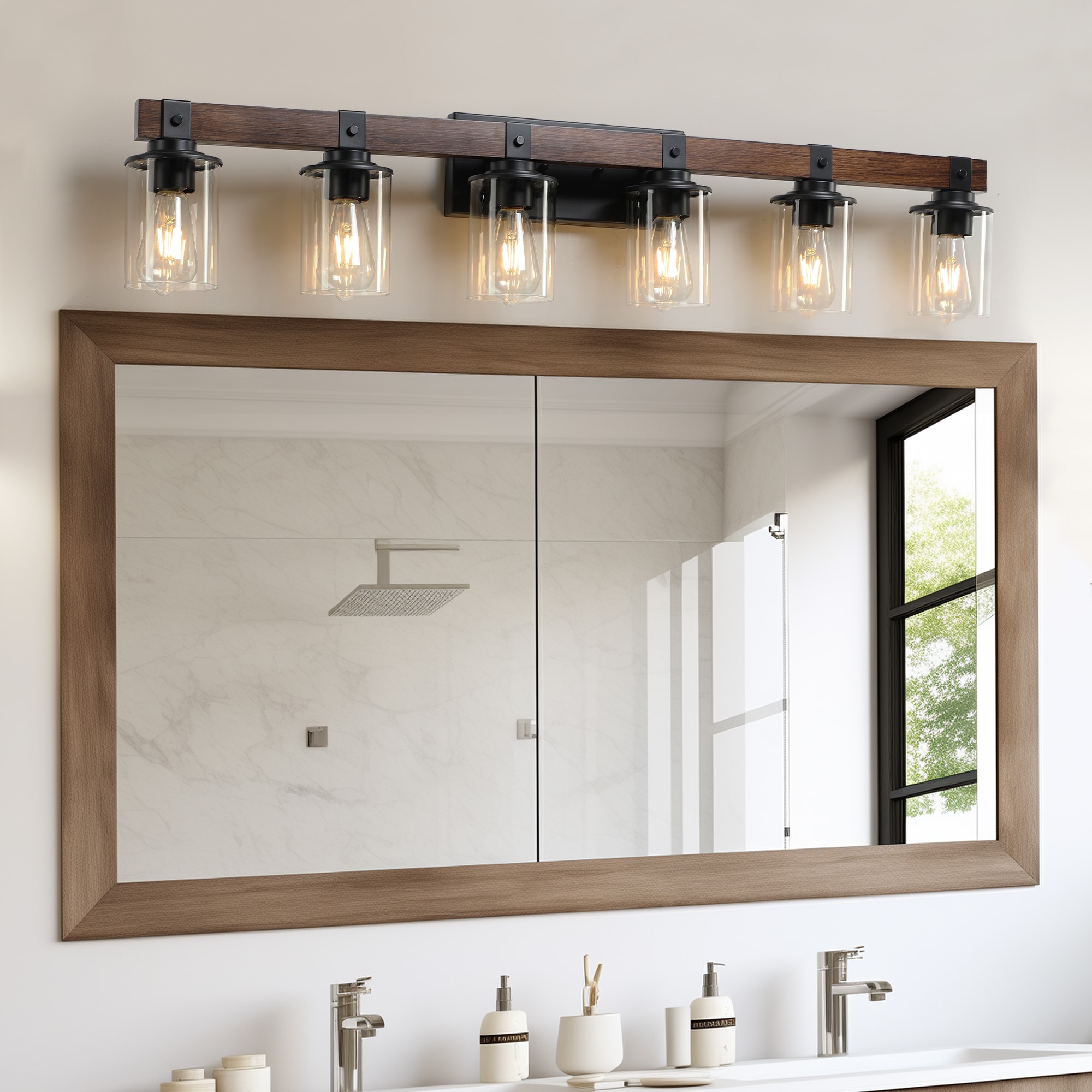 WELLFOR DLG-206658 42.3-in 6 -Light Brown Farmhouse Vanity light