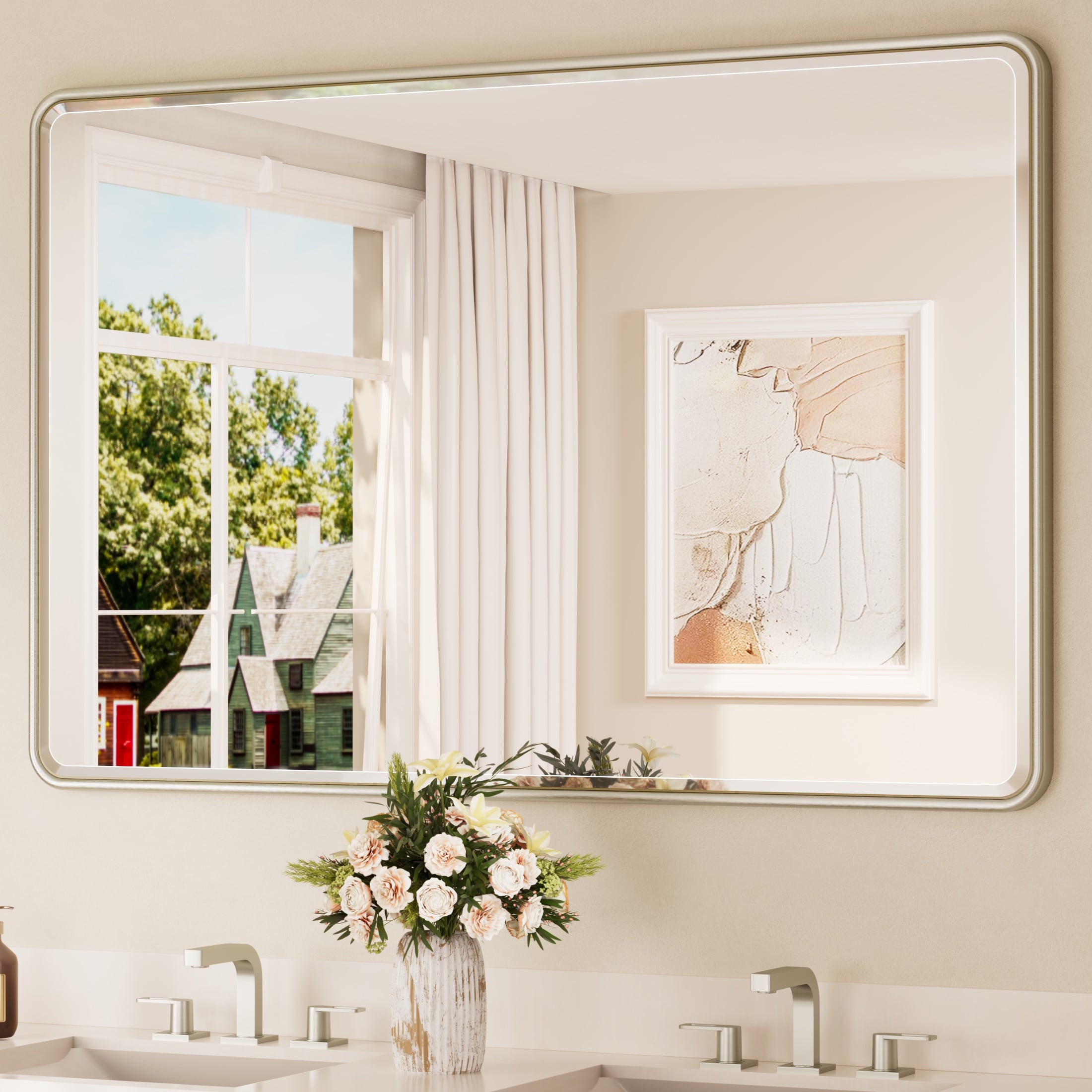 Keonjinn 55-in W x 36-in H Rectangle Brushed Nickel Beveled Wall Mirror
