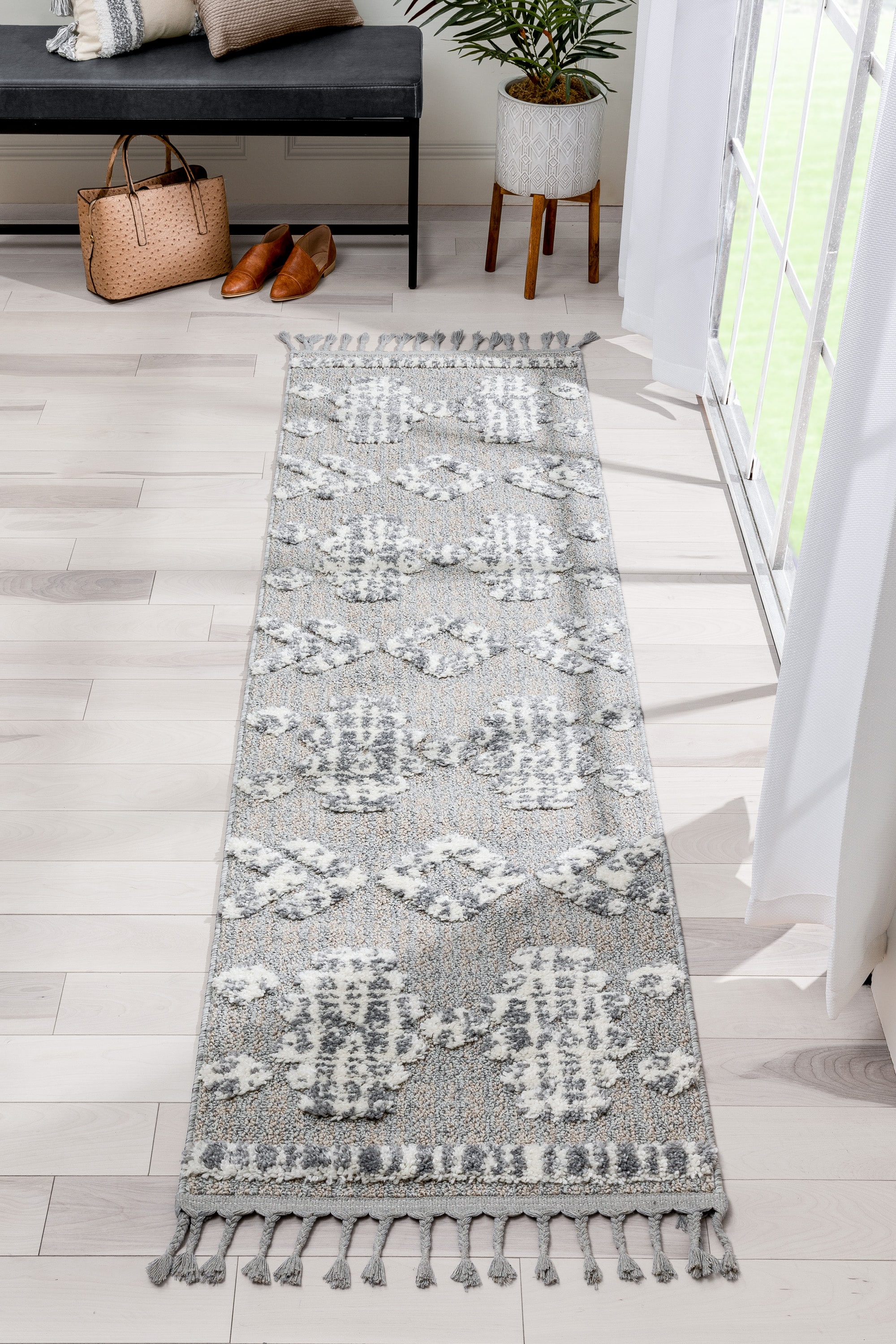 Ivory Geometric Synthetic Reversible Runner Rug