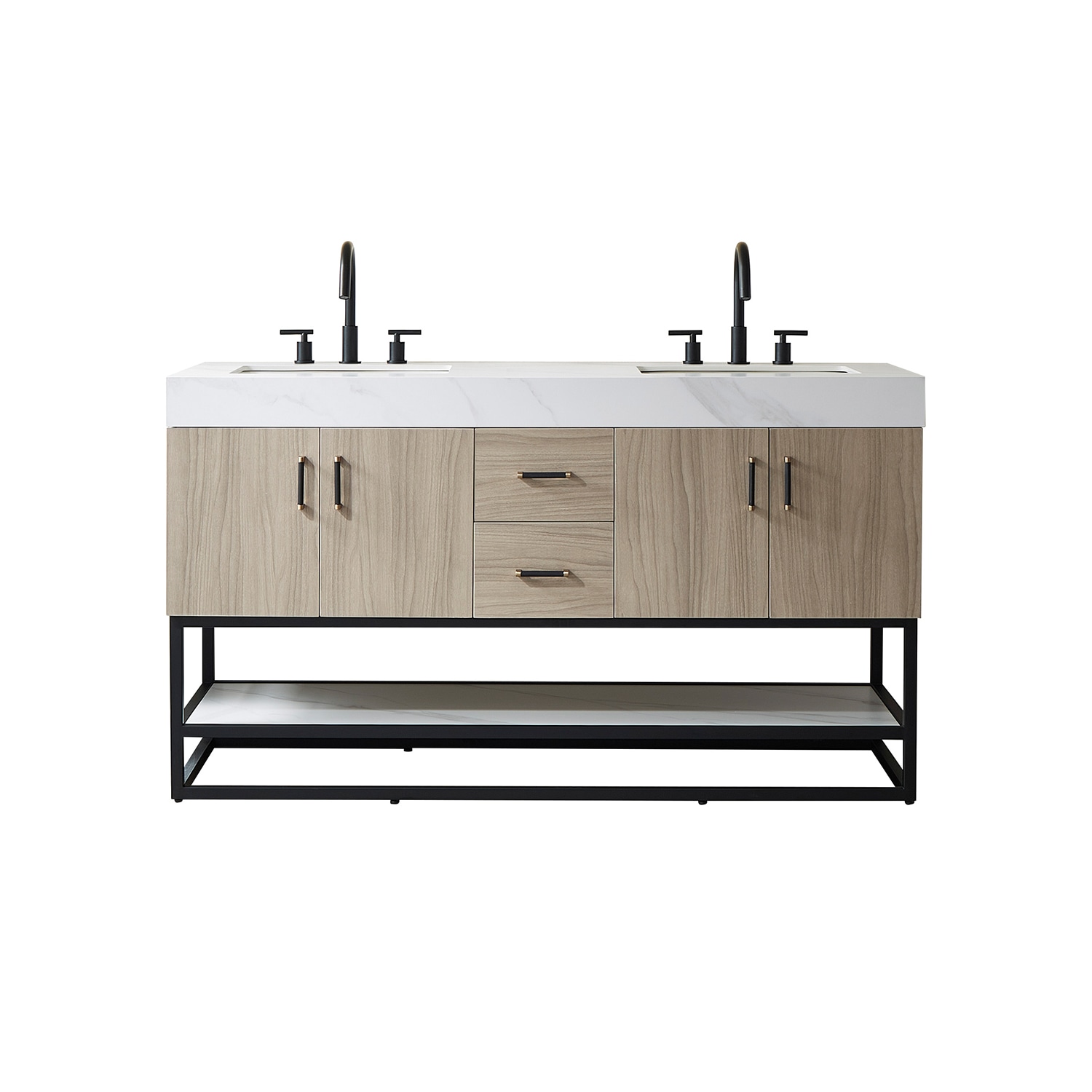 Vinnova Toledo 60-in Light Walnut Double Sink Bathroom Vanity with Snow ...