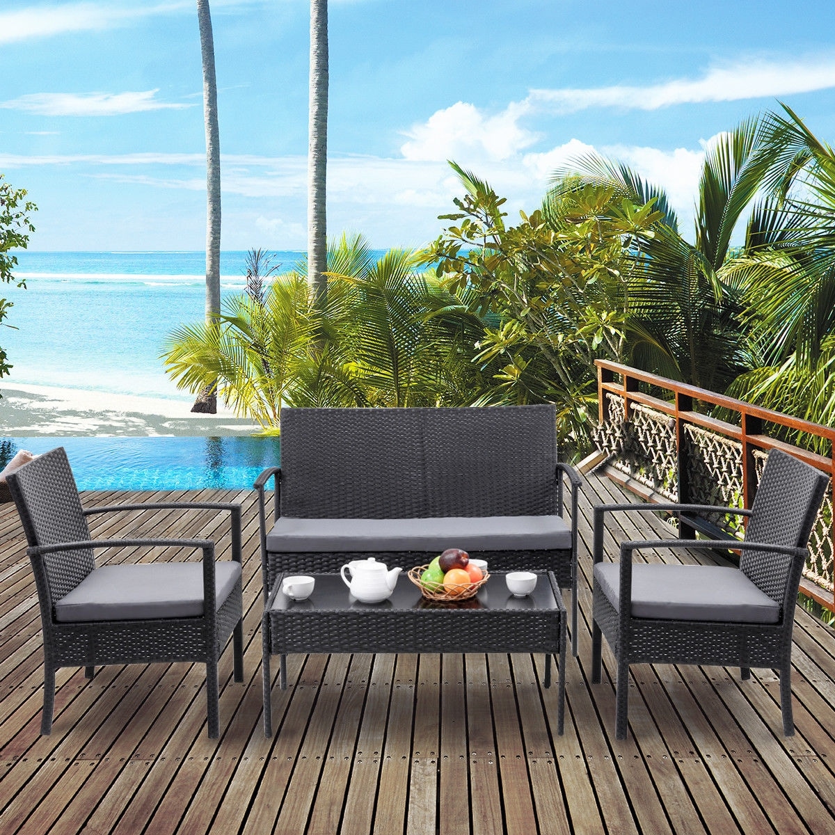Forclover HBV-HW546 4 -Piece Rattan Patio Conversation Set with Gray Cushions