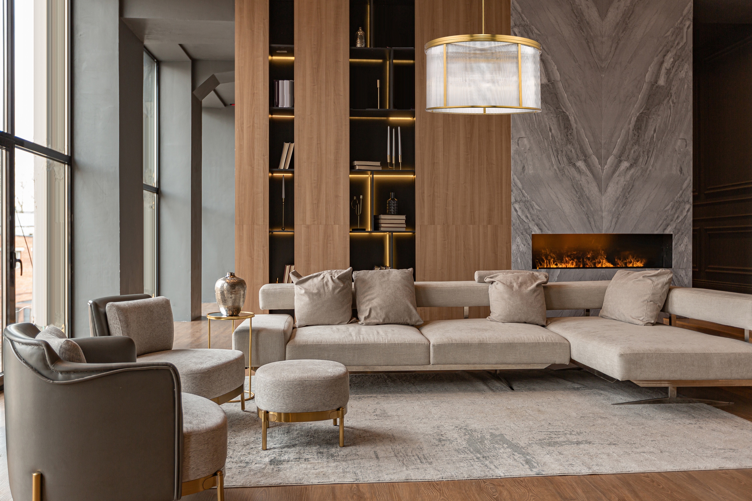 Modern Gold 9-Light Drum Chandelier with Ribbed Glass
