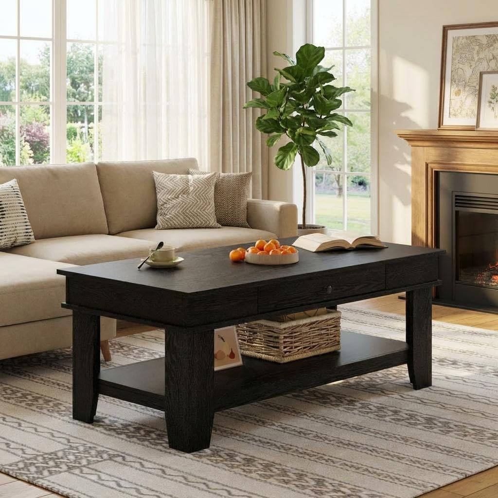 Garvee Black Coffee Table with Drawer 47.2 in Rustic Centre Table with Storage Shelf Long Living Room Furniture Sturdy 300 lb Capacity Easy to Clean
