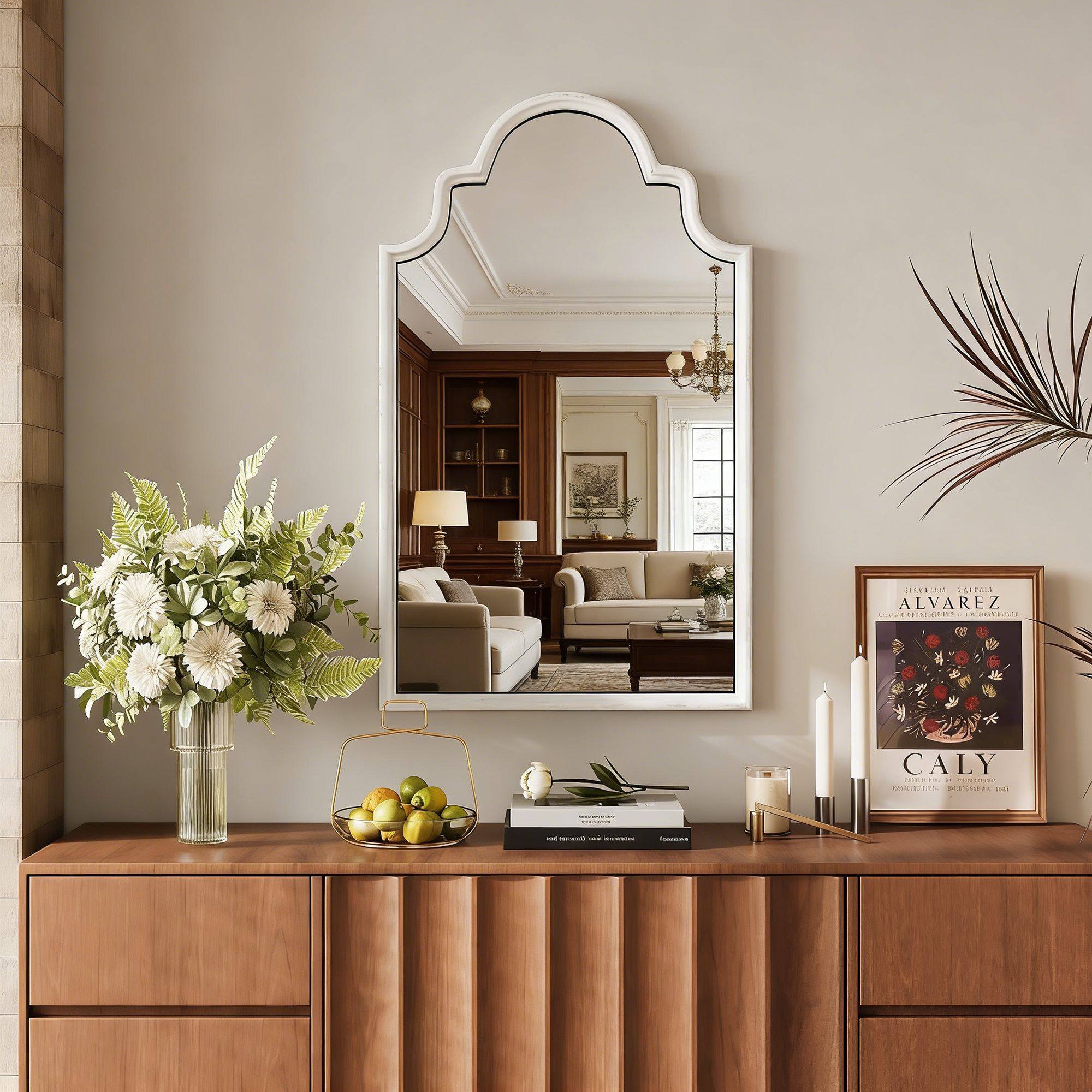 PRIMEPLUS 20-in W x 36-in H Distressed White Arch Wood Framed Wall Mirror