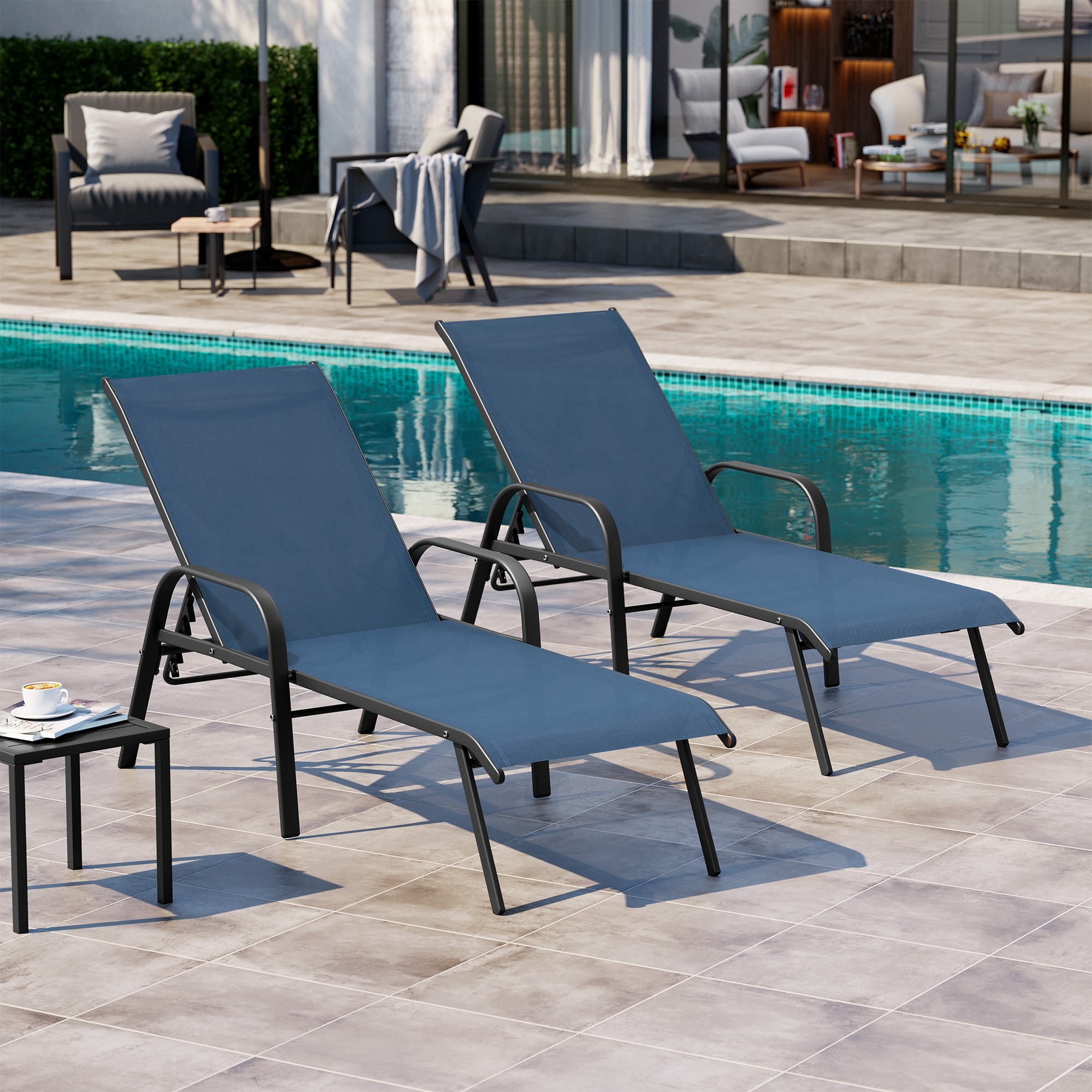 Crestlive Products CL-LG012NAV 2 pc outdoor lounge chair Set of 2 Brown Steel Frame Stationary Chaise Lounge Chair with Blue Textilene Mesh Seat