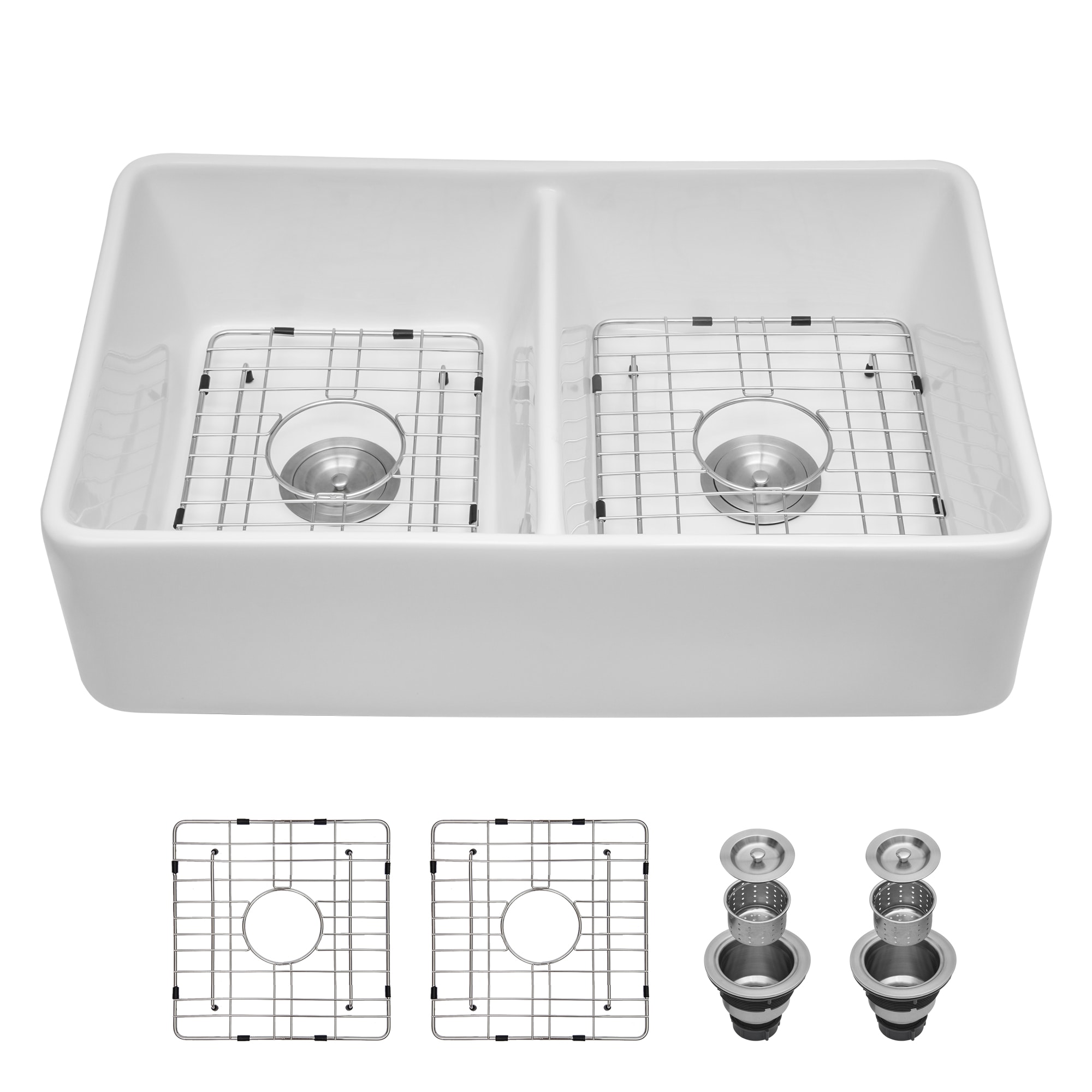 Lirago White Farmhouse Sink 32 x 20 x 9 inches Ceramic Porcelain Double Bowl Farm Apron Front Kitchen Sink