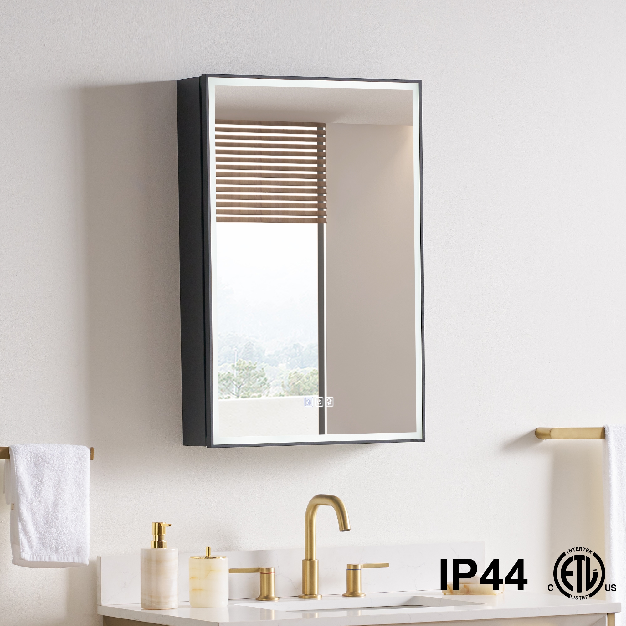 WELLFOR 20-in x 30-in Lighted LED Fog Free Surface/Recessed Mount Black Mirrored Soft Close Medicine Cabinet with Outlet