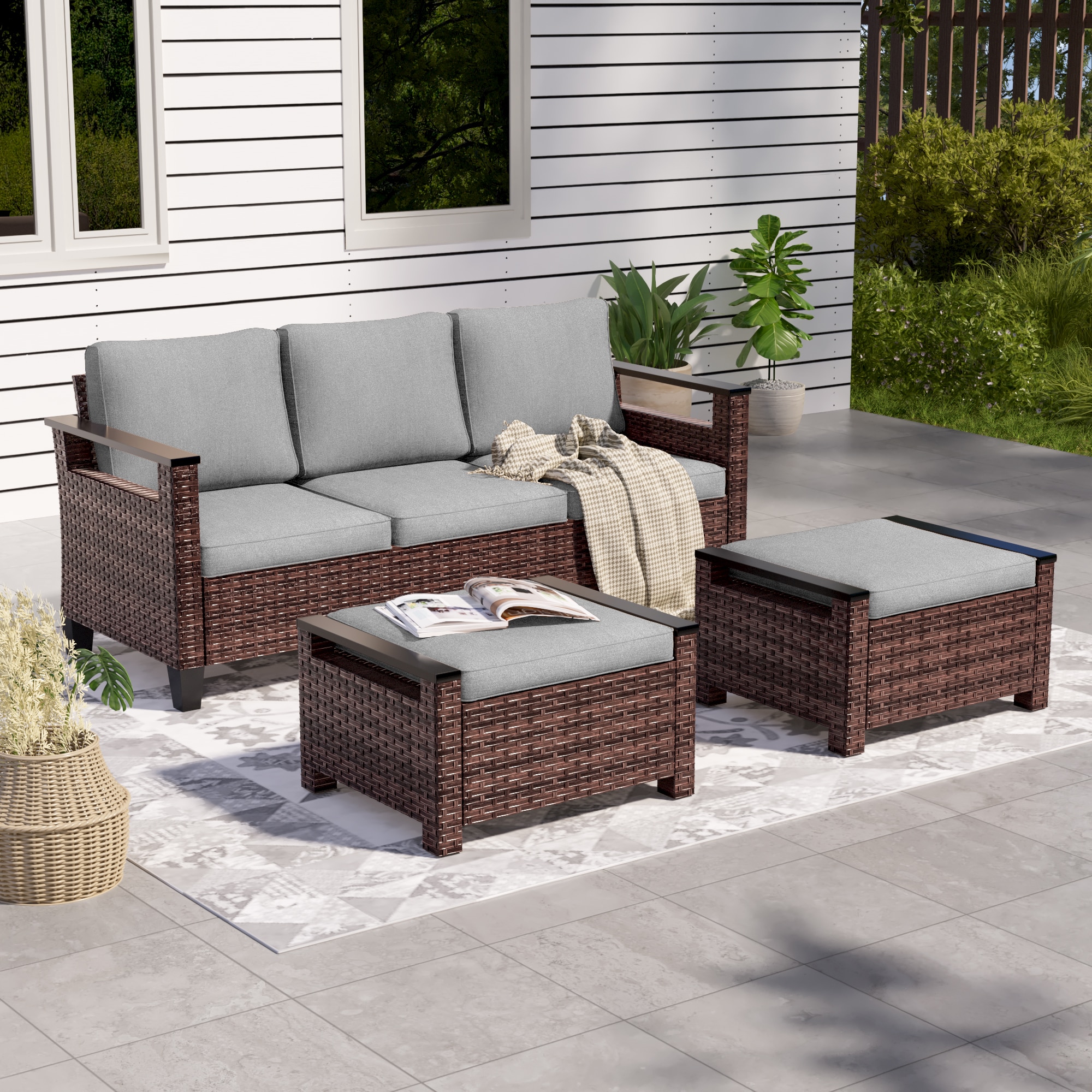 Sonkuki SD-PS-126S1BGY Patio Conversation Set 3 -Piece Wicker Patio Sofa Conversation Set with Gray Cushions