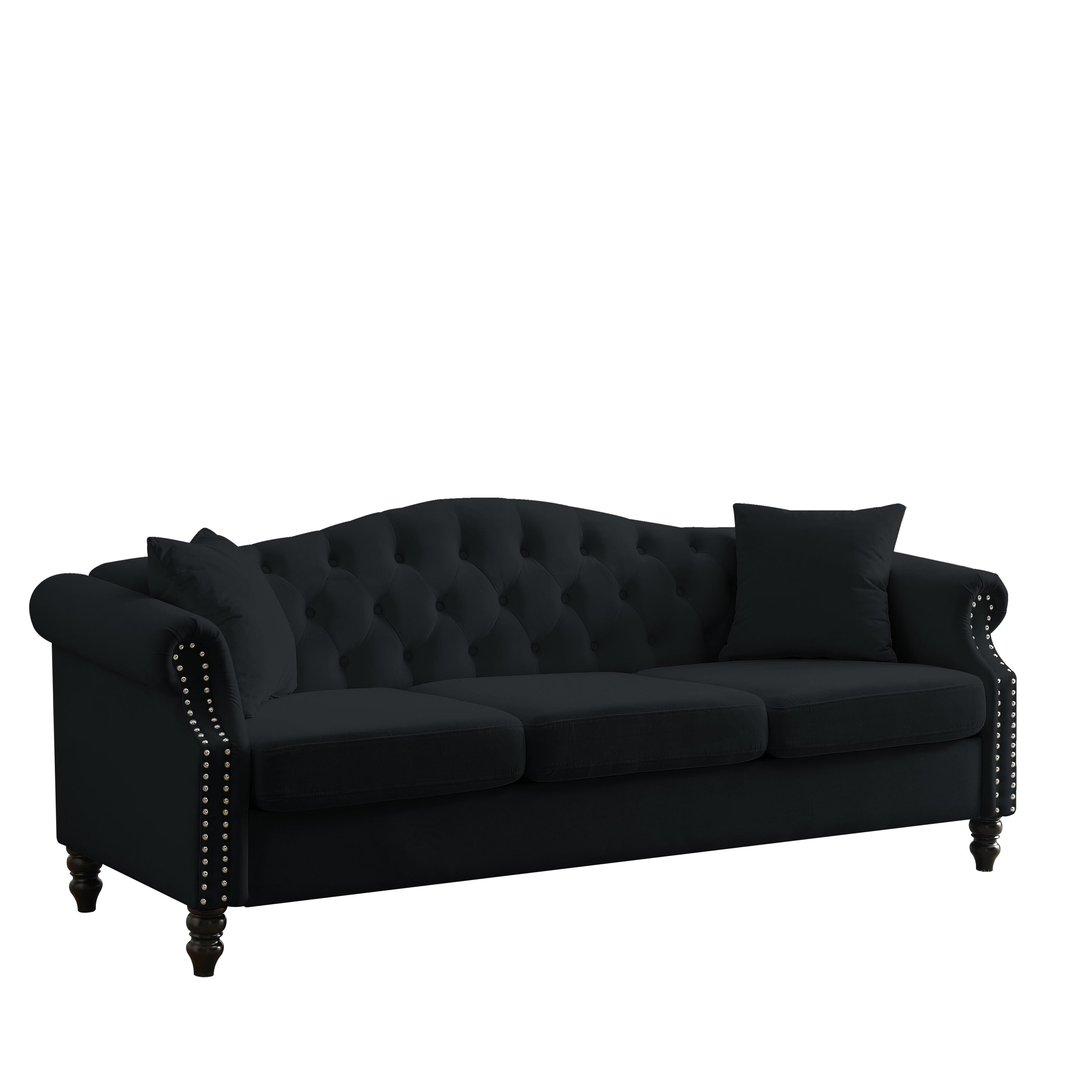 LOVMOR 79in Chesterfield Sofa Black Velvet for Living Room 3 Seater