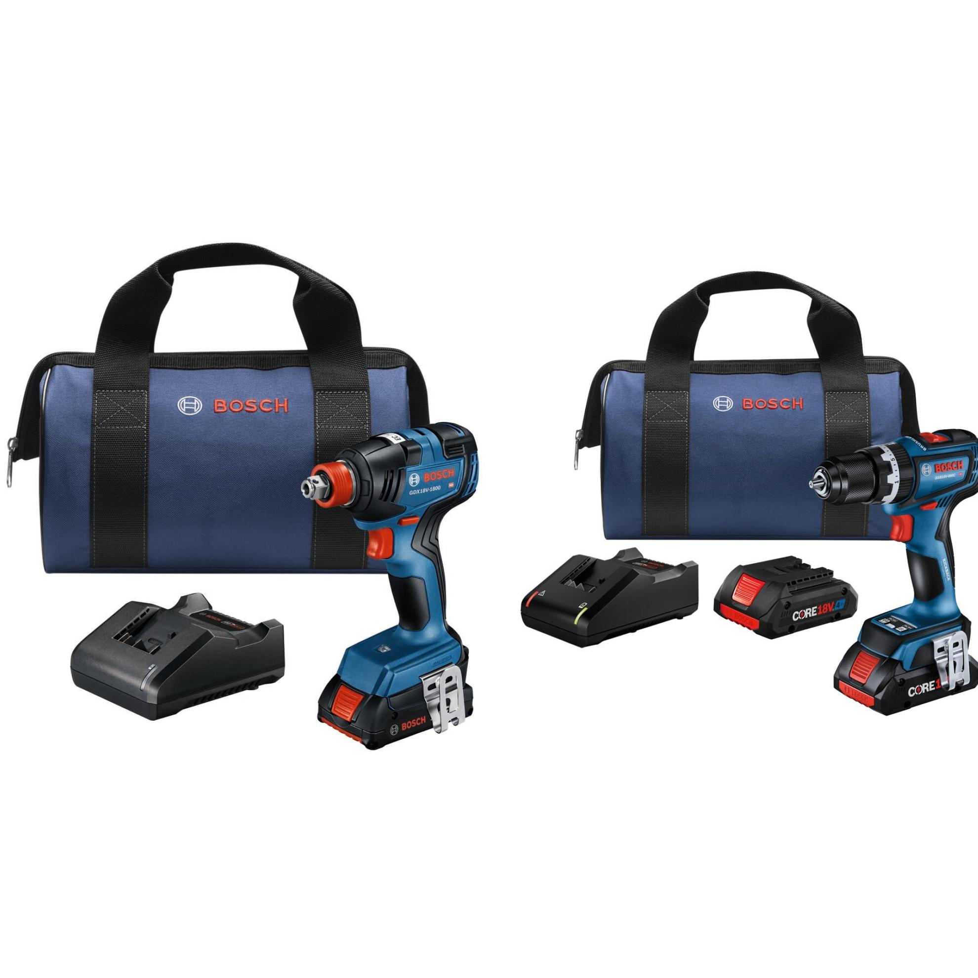Bosch Two-In-One 18-volt 1/4-in 1/2-in Brushless Cordless Impact Driver (Battery and Charger Included and Soft Bag included) with Bosch 1/2-in 18-volt 4 -Amp Variable Speed Brushless Hammer Drill ( 2 -Batteries and Charger Included )