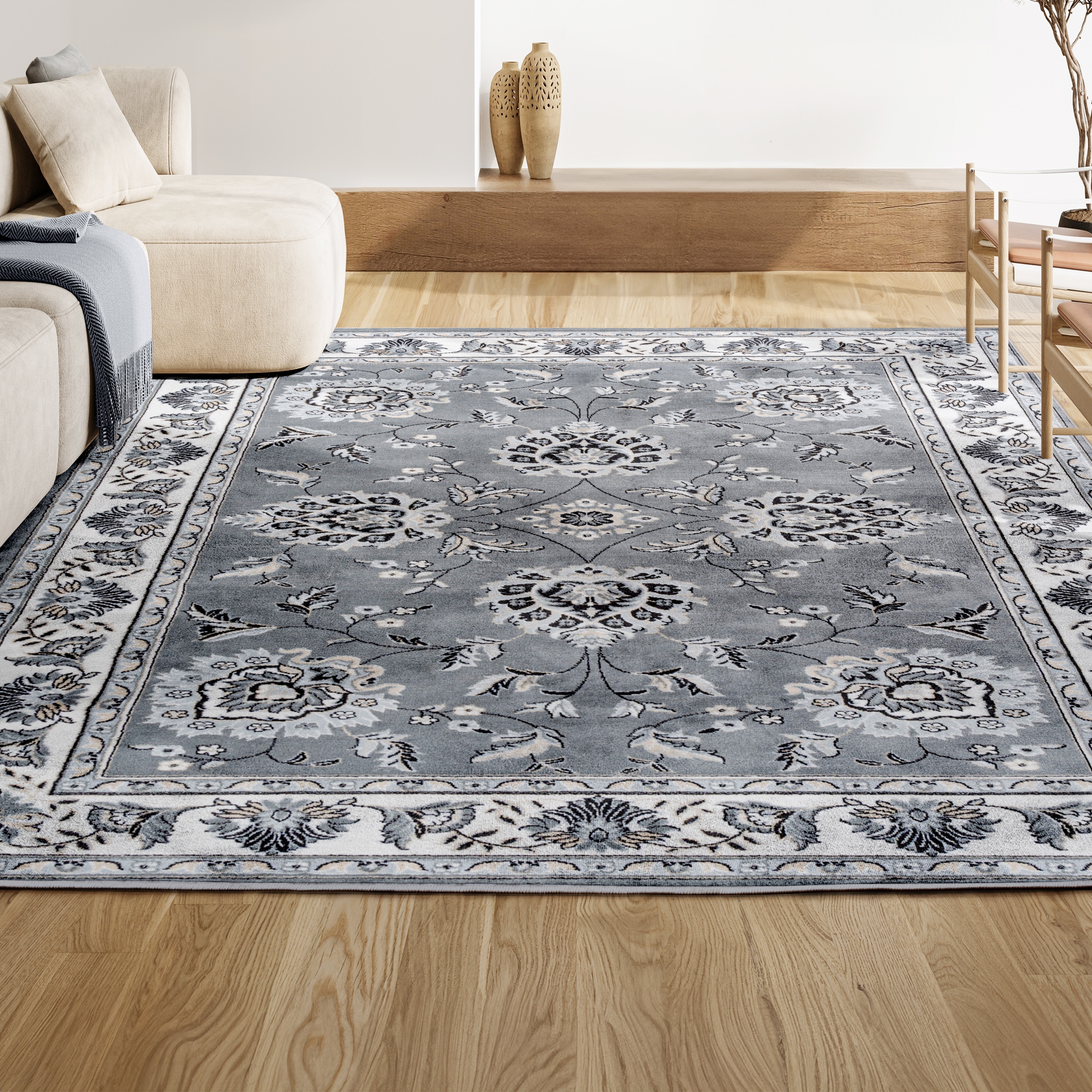 Gray and Cream 4' x 6' Reversible Synthetic Area Rug