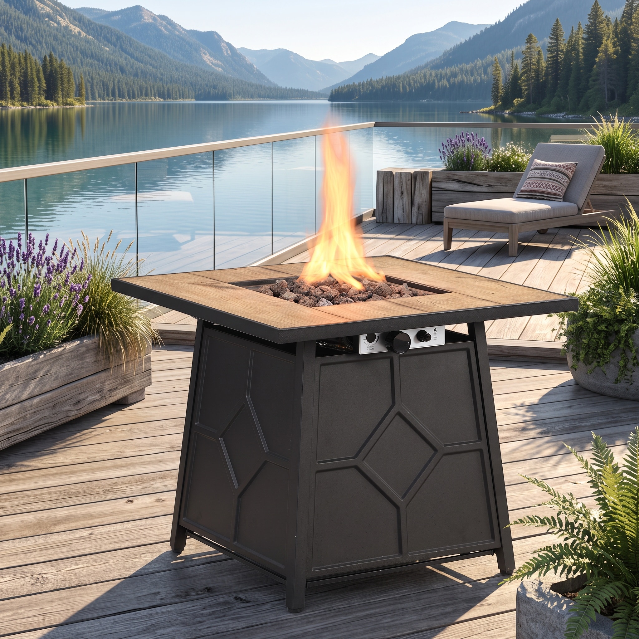 CESICIA - 40000 -BTU Black+ Gray Stainless steel Liquid propane Outdoor Fireplace
