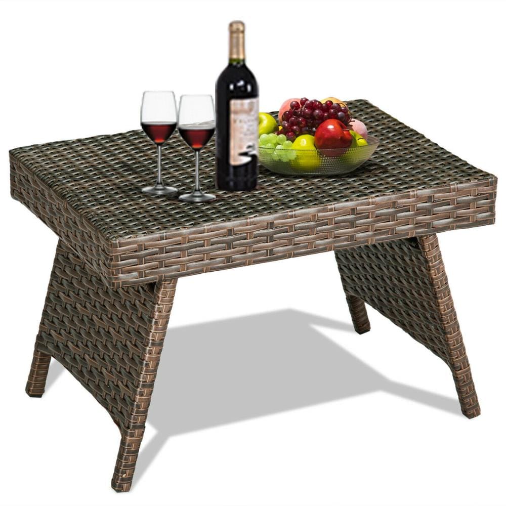 Compact Foldable Brown PE Rattan Side Table with Steel Frame
