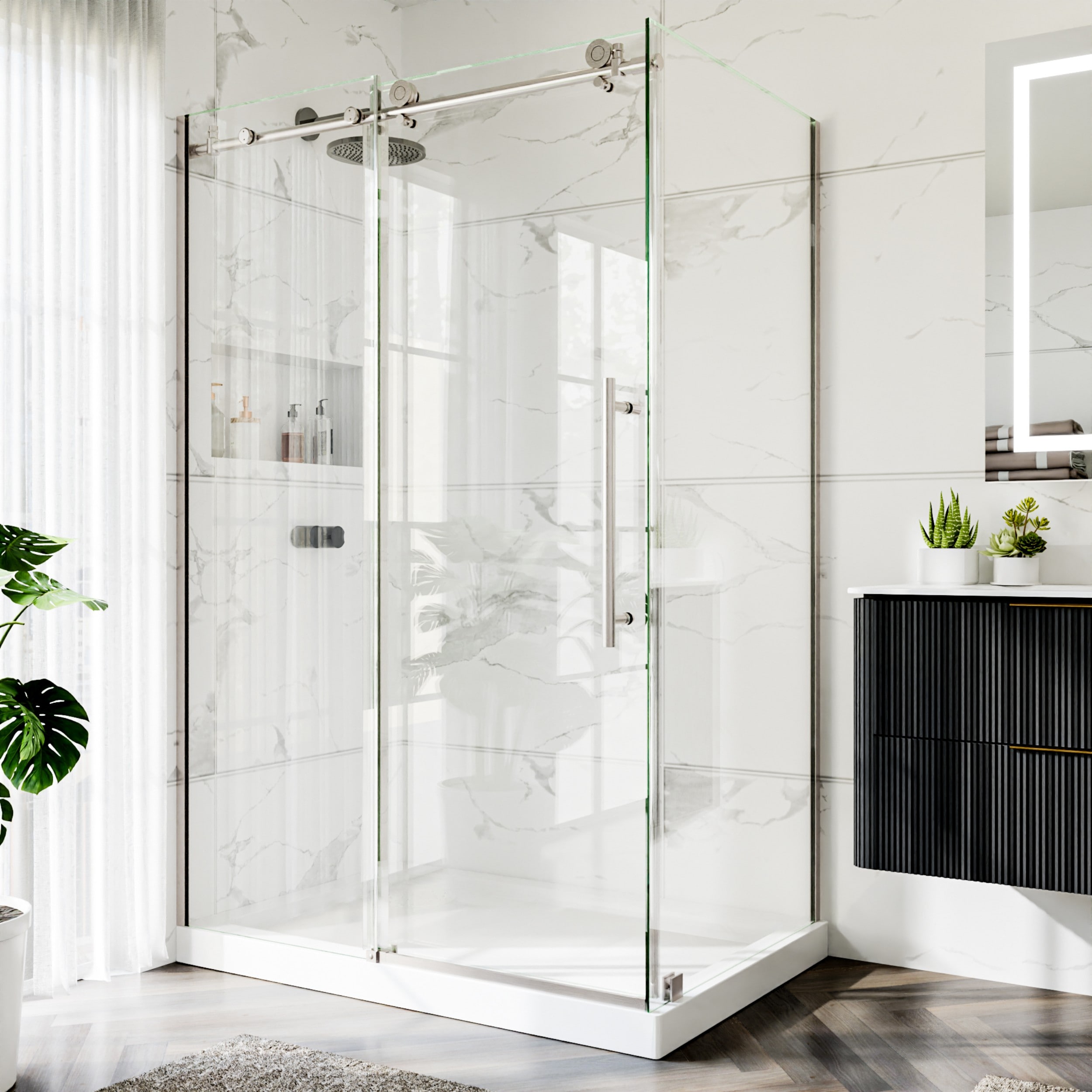 Gtnali 44-in to 48-in W x 36-in D x 72-in H Frameless Corner Sliding Shower Door in Brushed Nickel with 8mm SGCC Clear Tempered Glass
