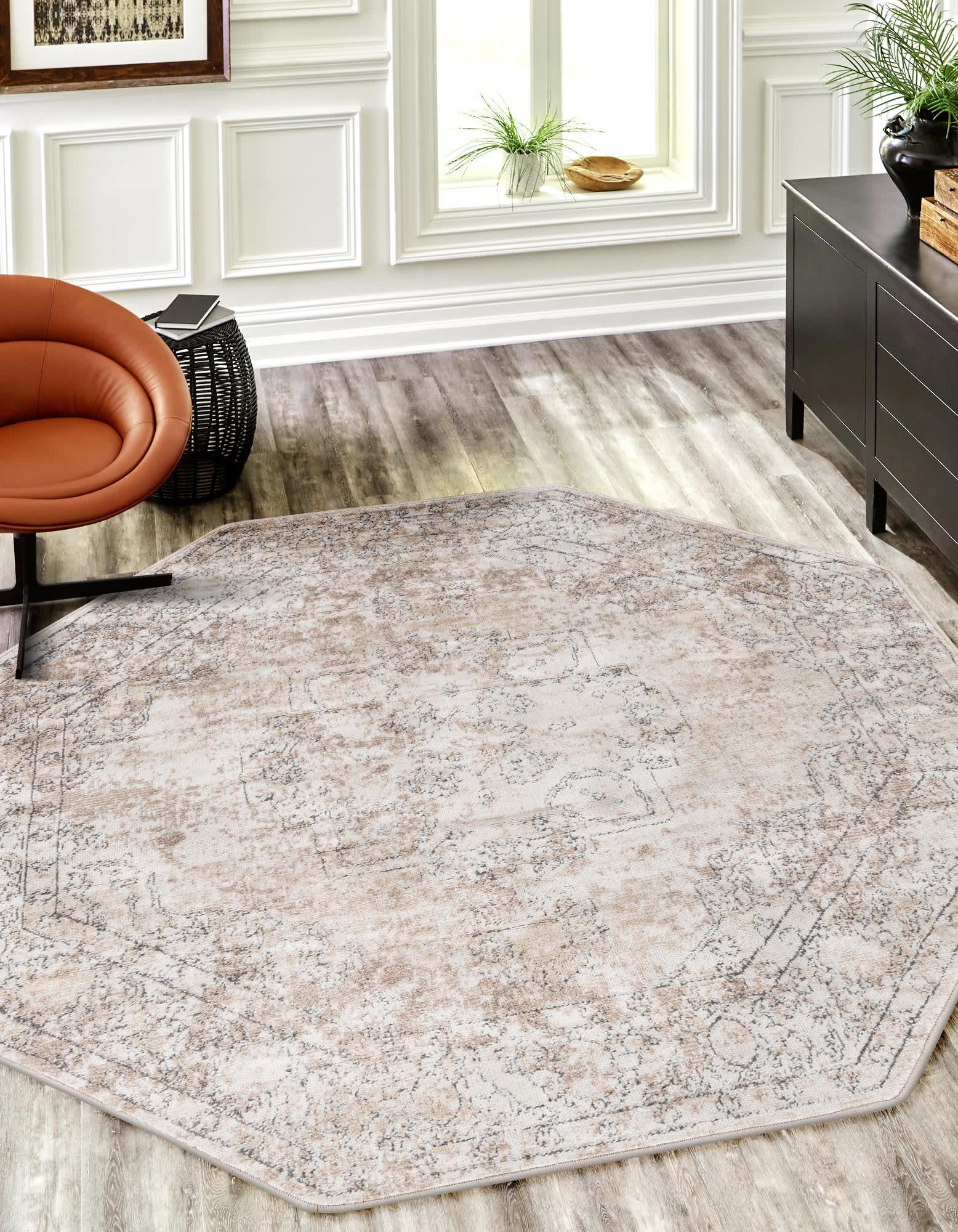 Unique Loom 3200389 Portland 5 x 5 (ft) Loomed Polypropylene Ivory Octagonal Indoor Medallion Area rug