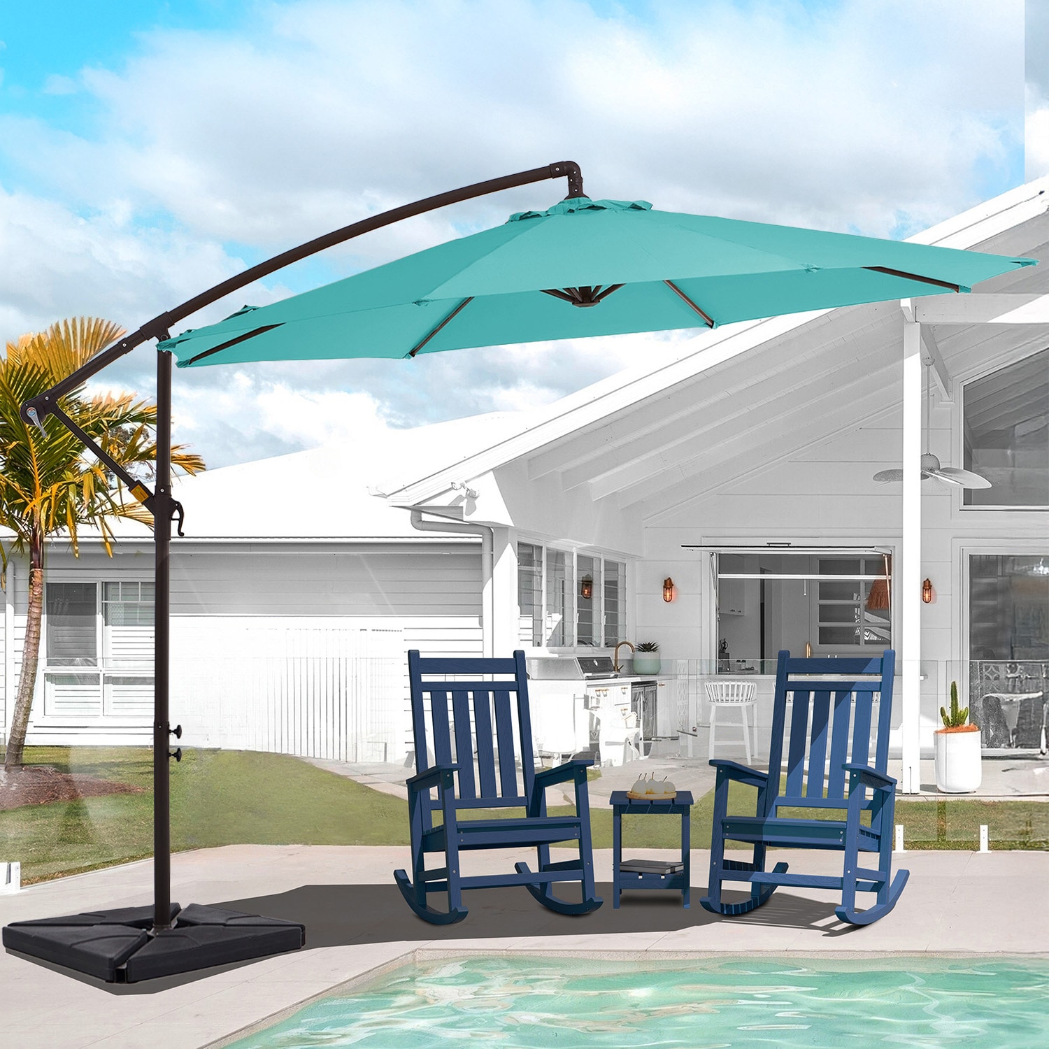 VOUA 10XJSD-PB 10 Steel Blue Crank Offset Patio Umbrella with Base
